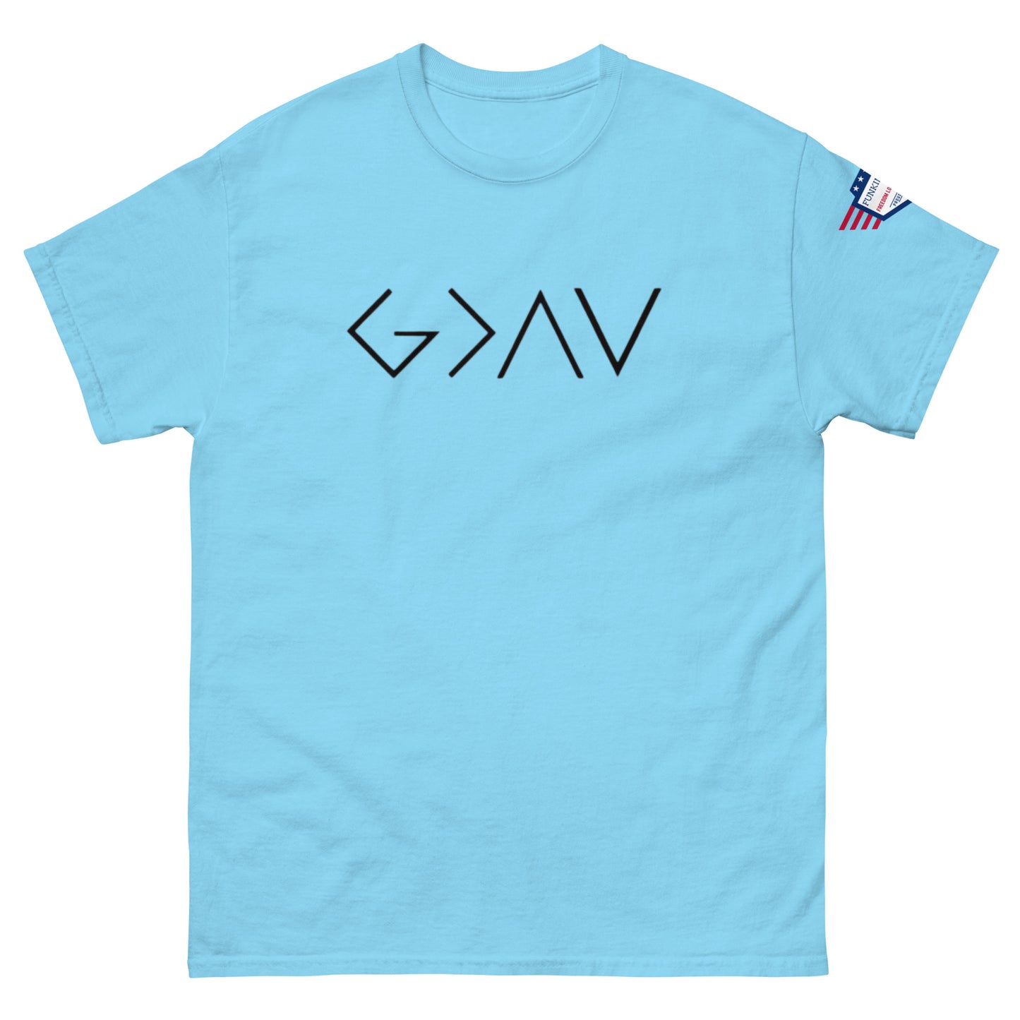 Front view of cyan blue unisex t-shirt with bold black "G > AV" chest print and US flag sleeve patch