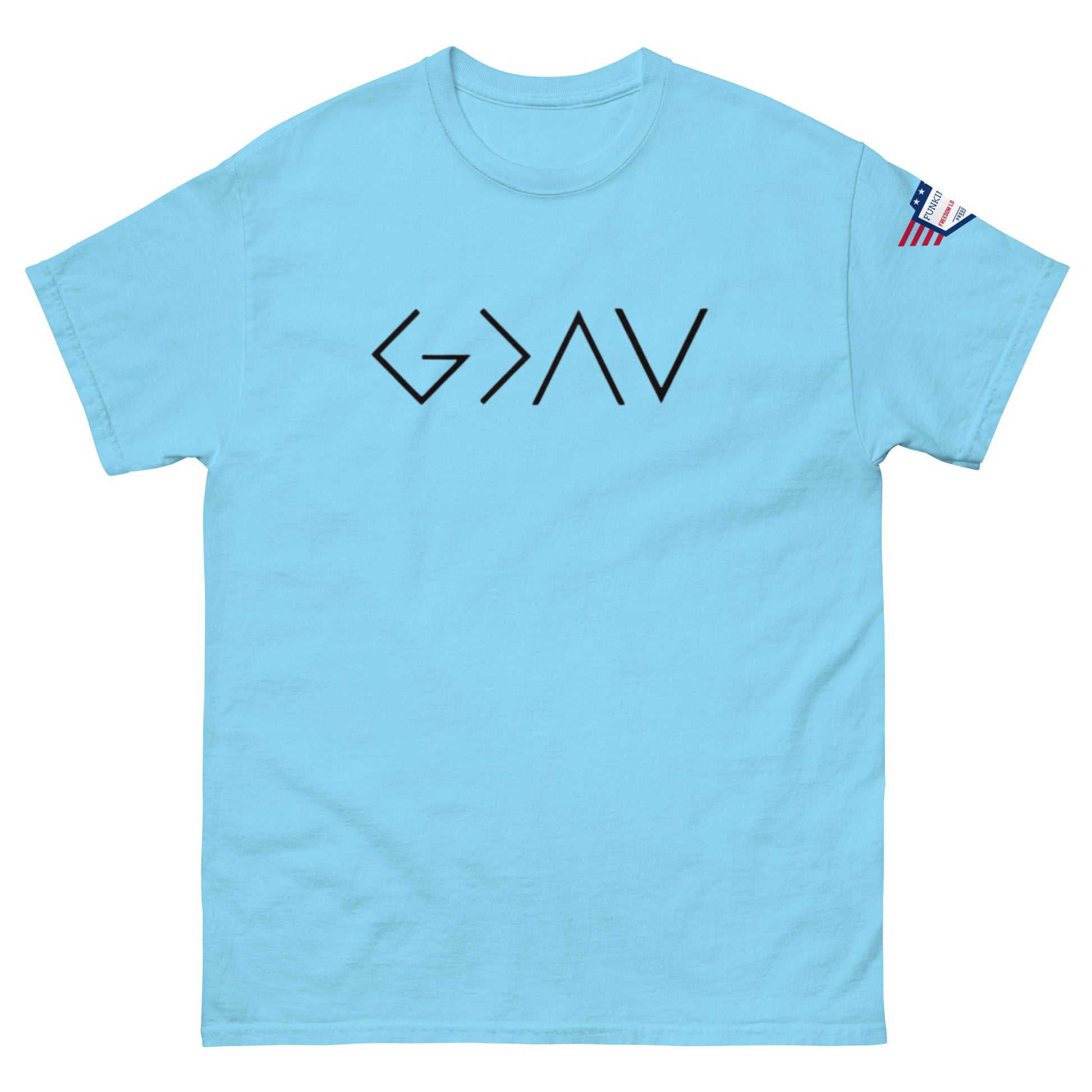 Front view of cyan blue unisex t-shirt with bold black "G > AV" chest print and US flag sleeve patch