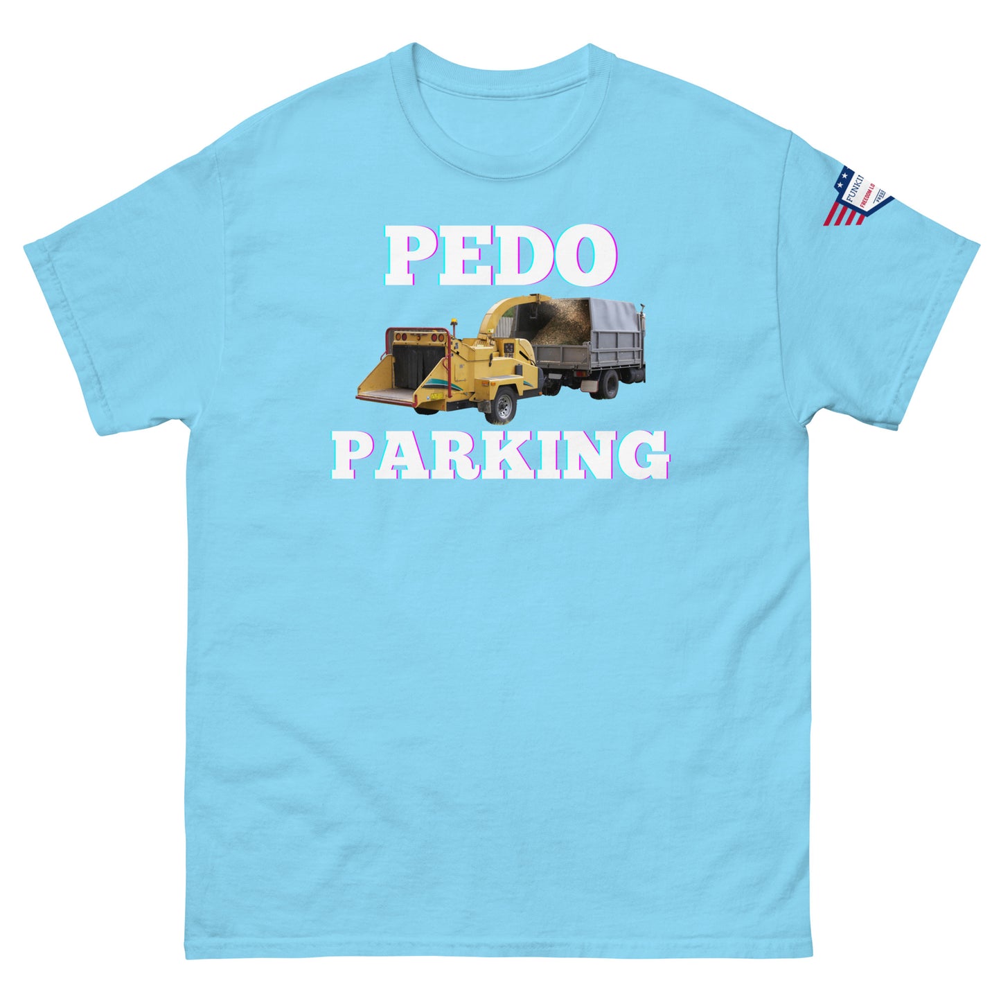 Front view of light blue unisex tee with pink-glow "PLOWDO PARKING" print, yellow plow truck graphic, USA flag sleeve patch