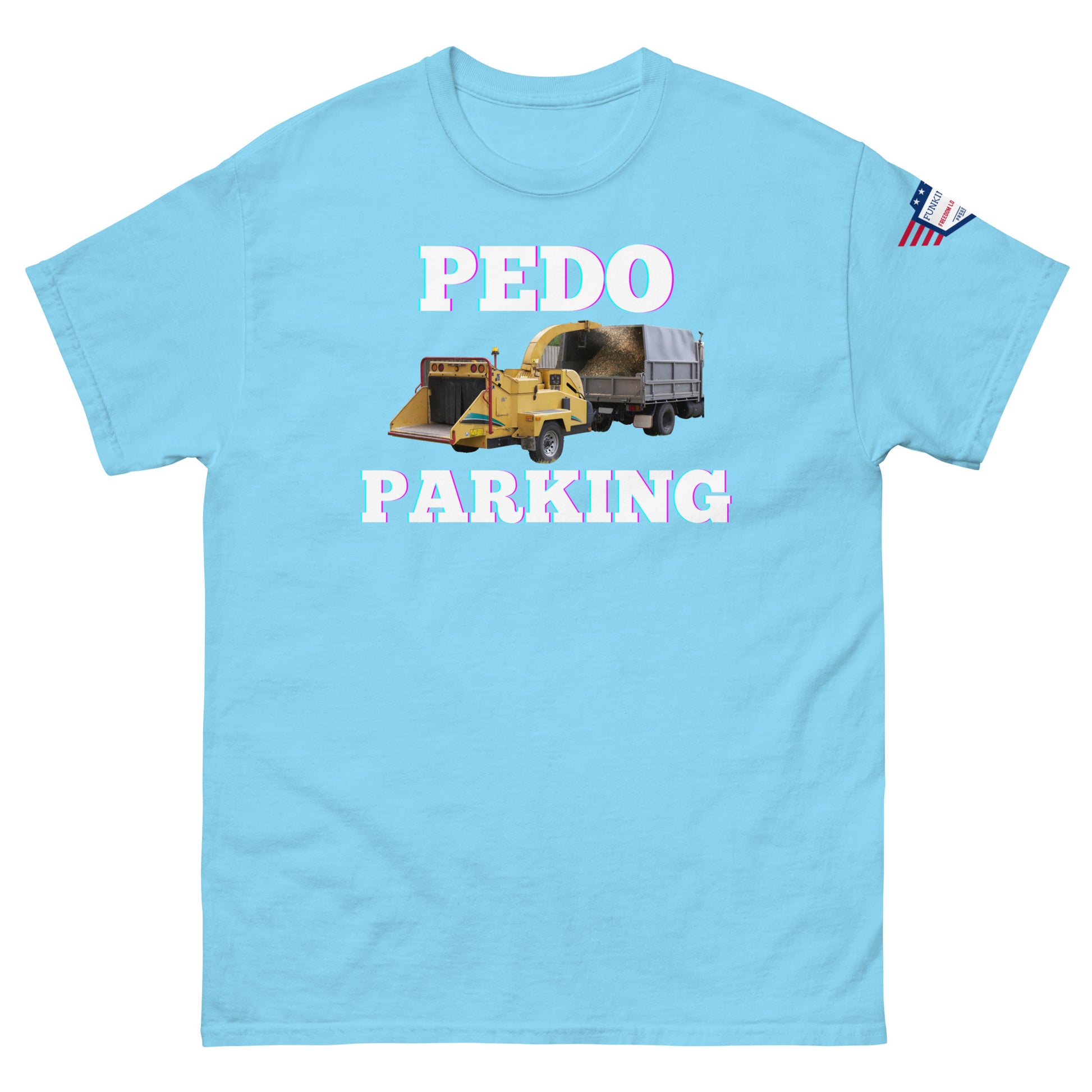 Front view of light blue unisex tee with pink-glow "PLOWDO PARKING" print, yellow plow truck graphic, USA flag sleeve patch