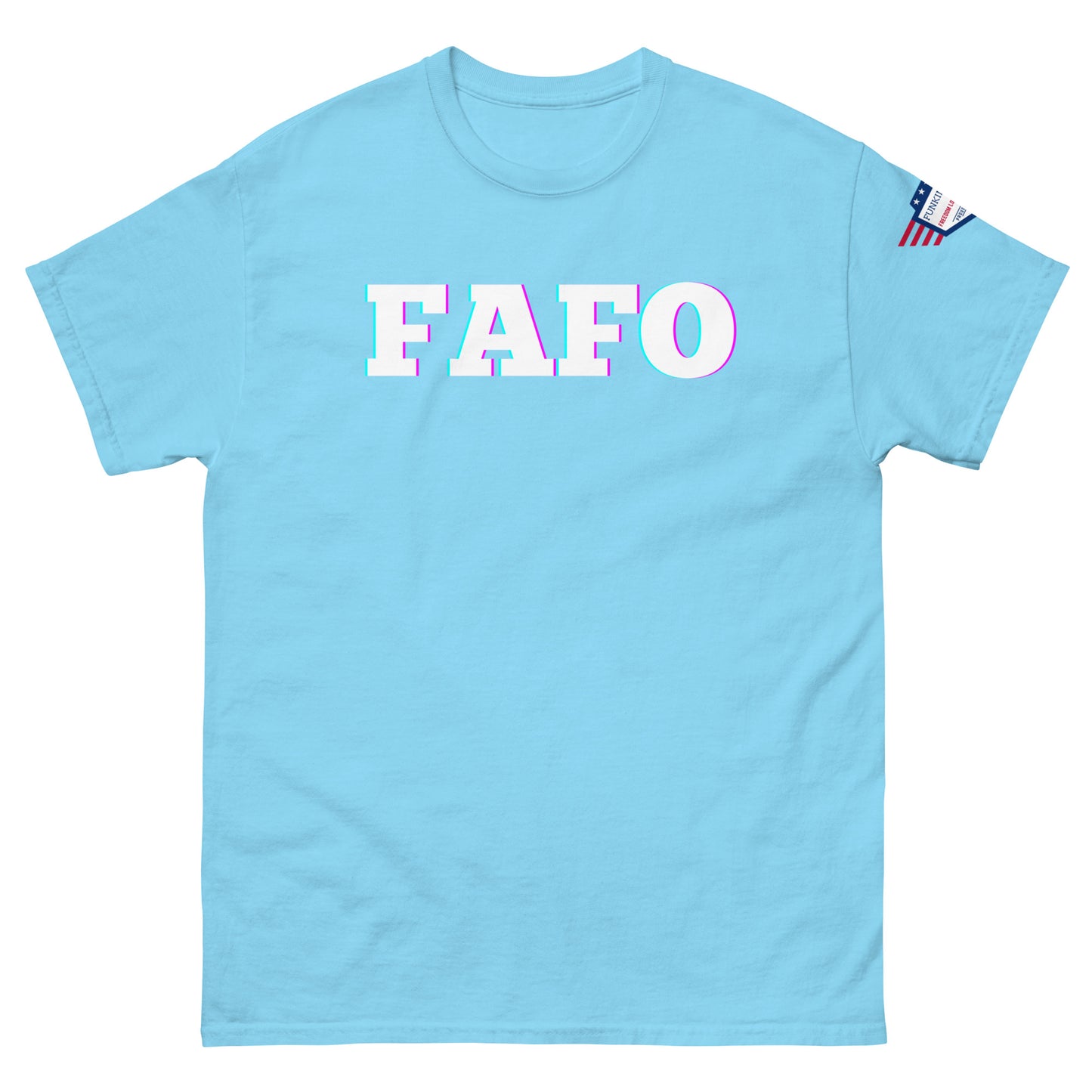 Front view of turquoise blue unisex T-shirt with bold white "FAFO" glitch graphic and US flag sleeve patch