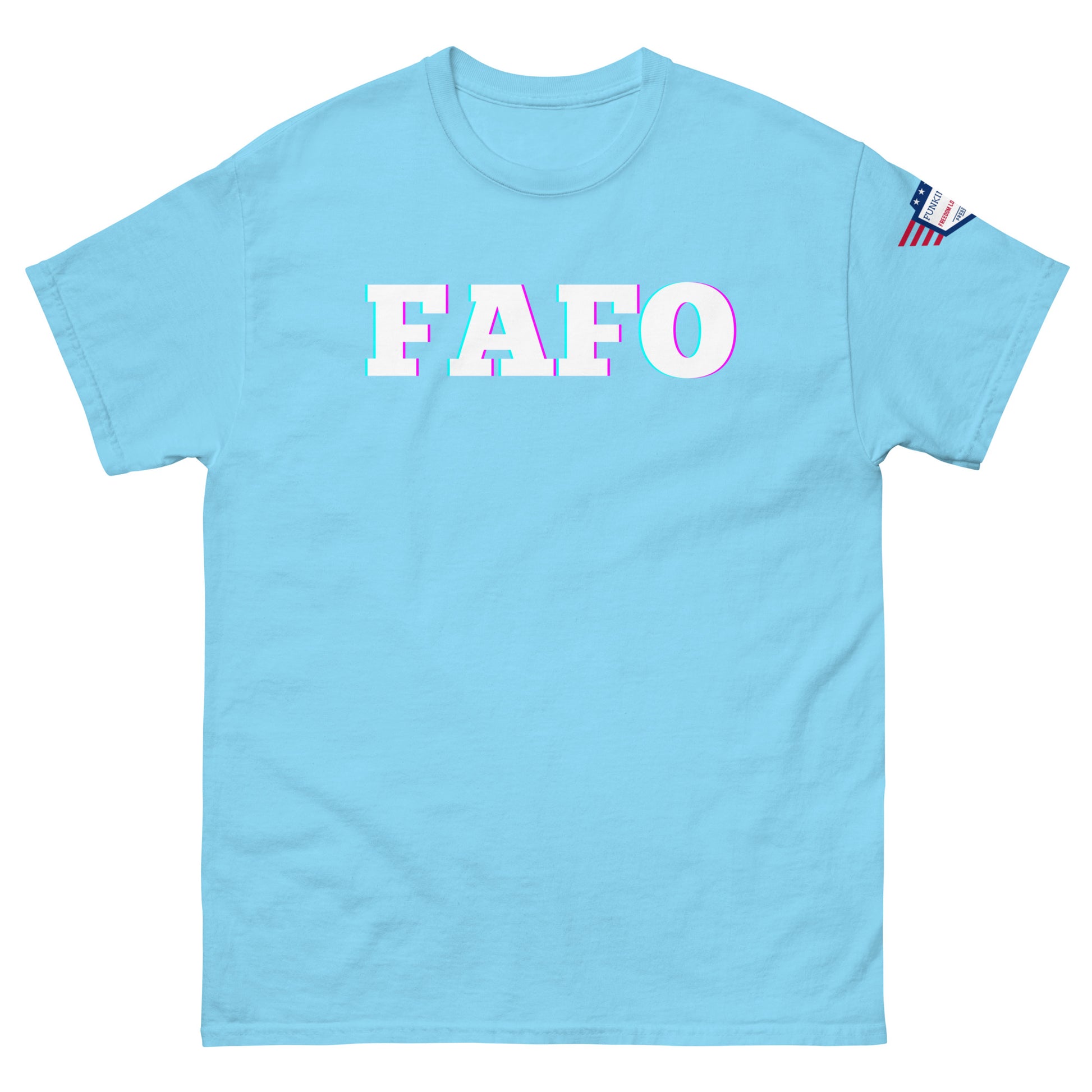 Front view of turquoise blue unisex T-shirt with bold white "FAFO" glitch graphic and US flag sleeve patch