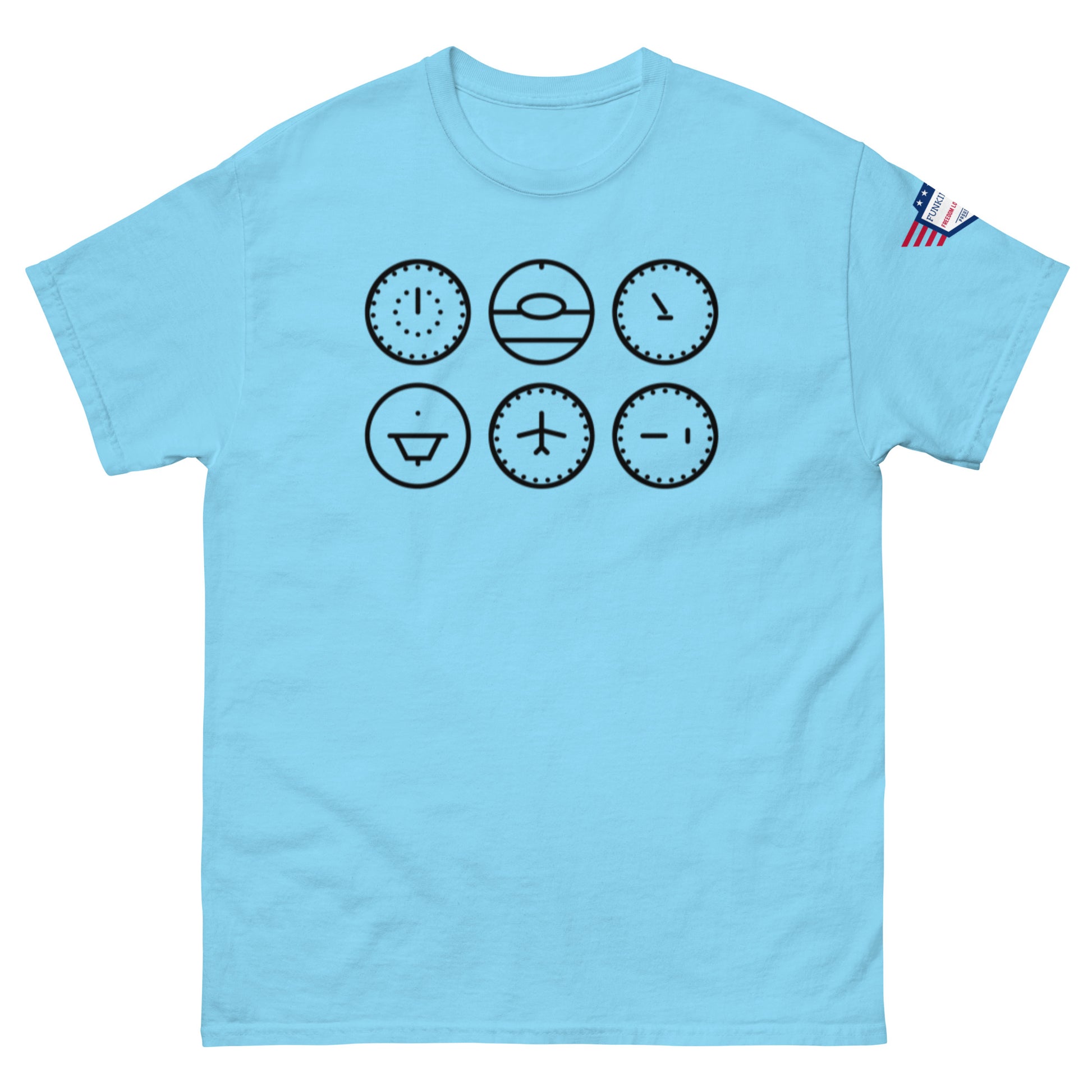 Sky blue unisex tee front view with six black outline clock faces smirking through time