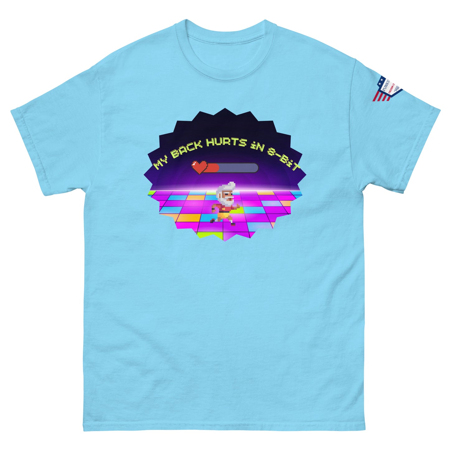 Cyan blue unisex tee front view, "My Back Hurts 98%" pixel chef on disco floor meme graphic, USA flag sleeve patch