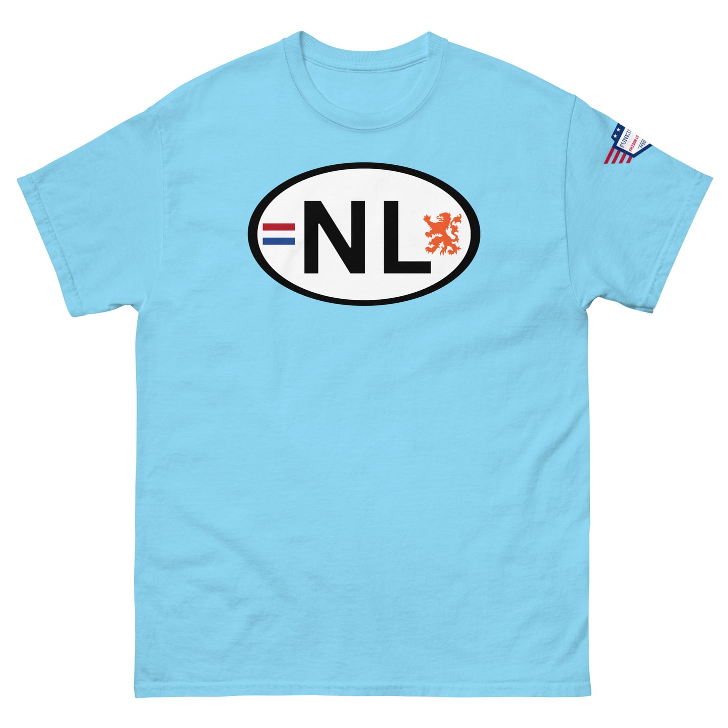 Front view of sky blue unisex classic tee with centered white oval "NL" plate print, Dutch flag stripes, orange lion, US flag sleeve tag