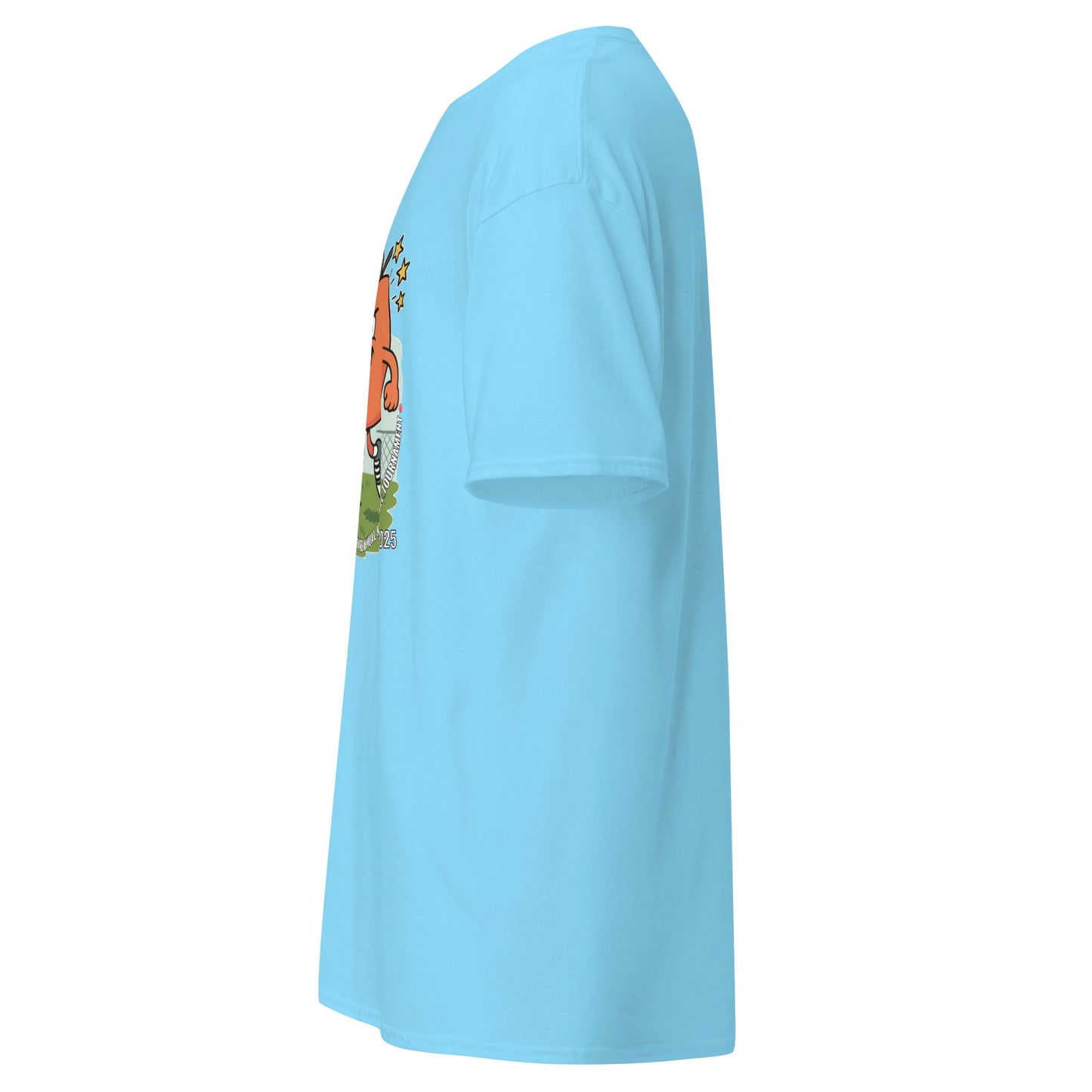 Right side view of light blue tee showing snippet of kickball rivalry graphic
