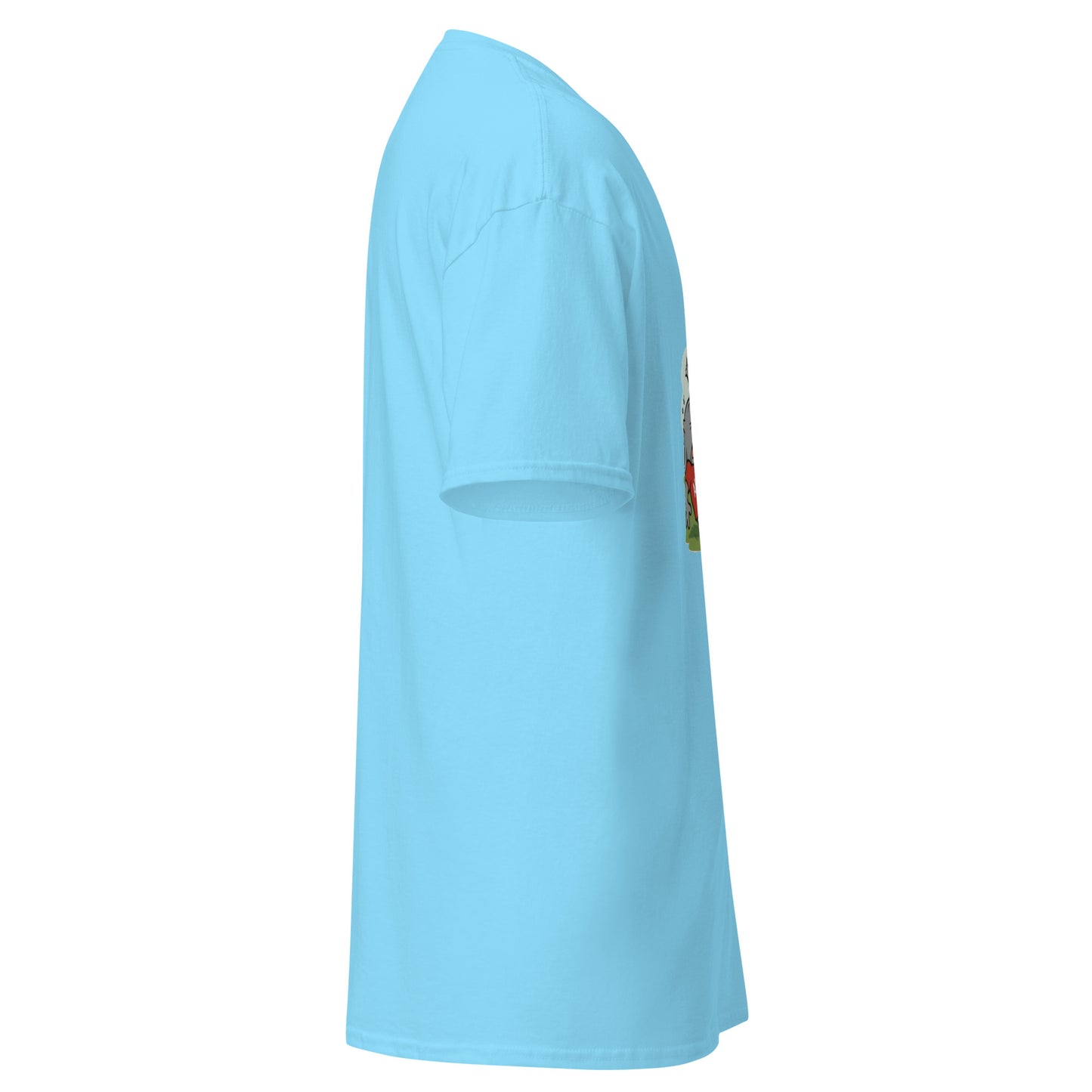 Left side view of light blue tee with partial Georgia peach kickball artwork