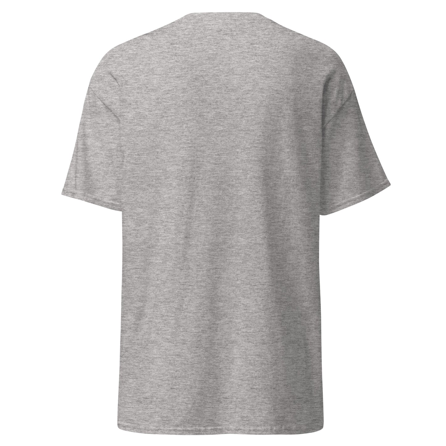 Back view of plain heather grey classic tee, ready for casual stacking
