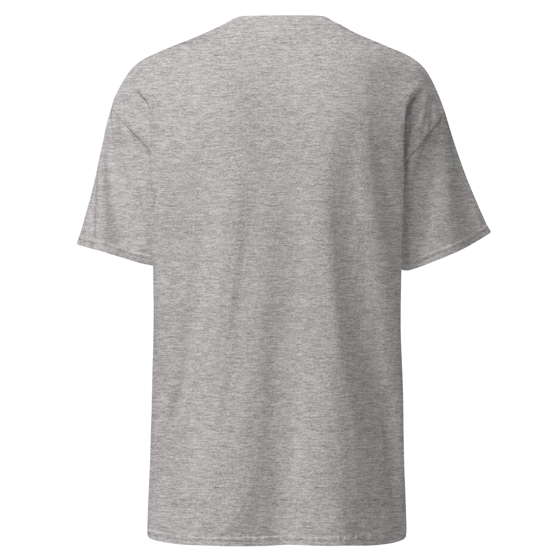 Back view of plain heather grey classic tee, ready for casual stacking