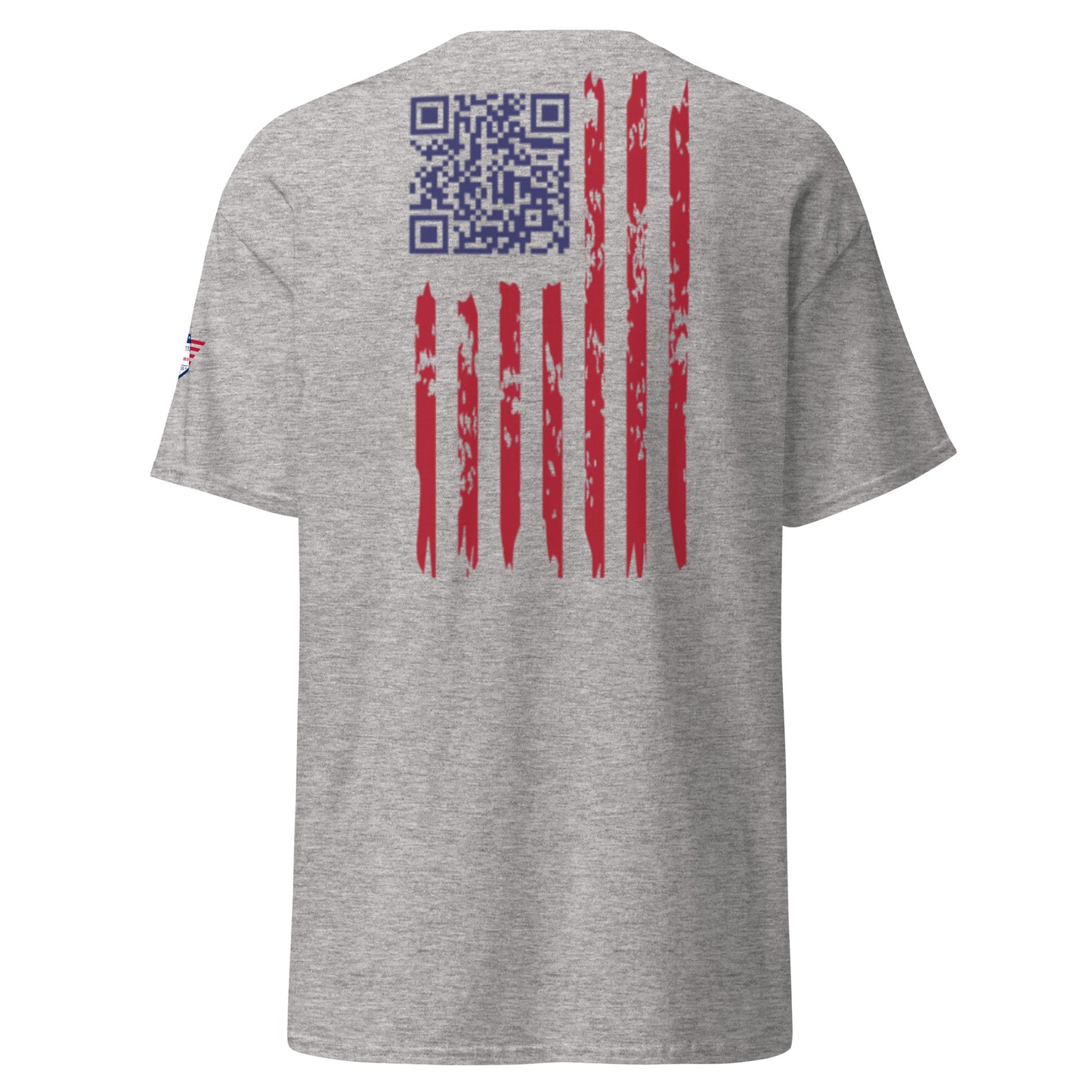 Back view of heather gray t-shirt featuring QR code flag design in red, white, and blue