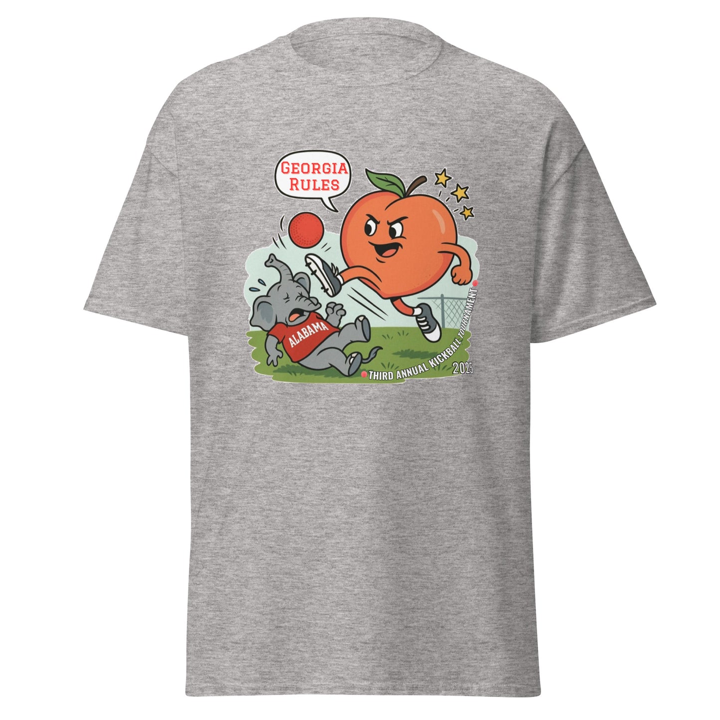 Front view of heather grey classic tee with bold Georgia peach kicking Alabama elephant kickball art, "Georgia Rules!" text
