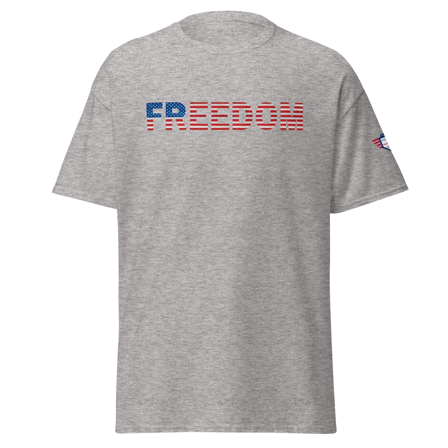 Front view of heather gray FREEDOM t-shirt in stars-and-stripes lettering across chest