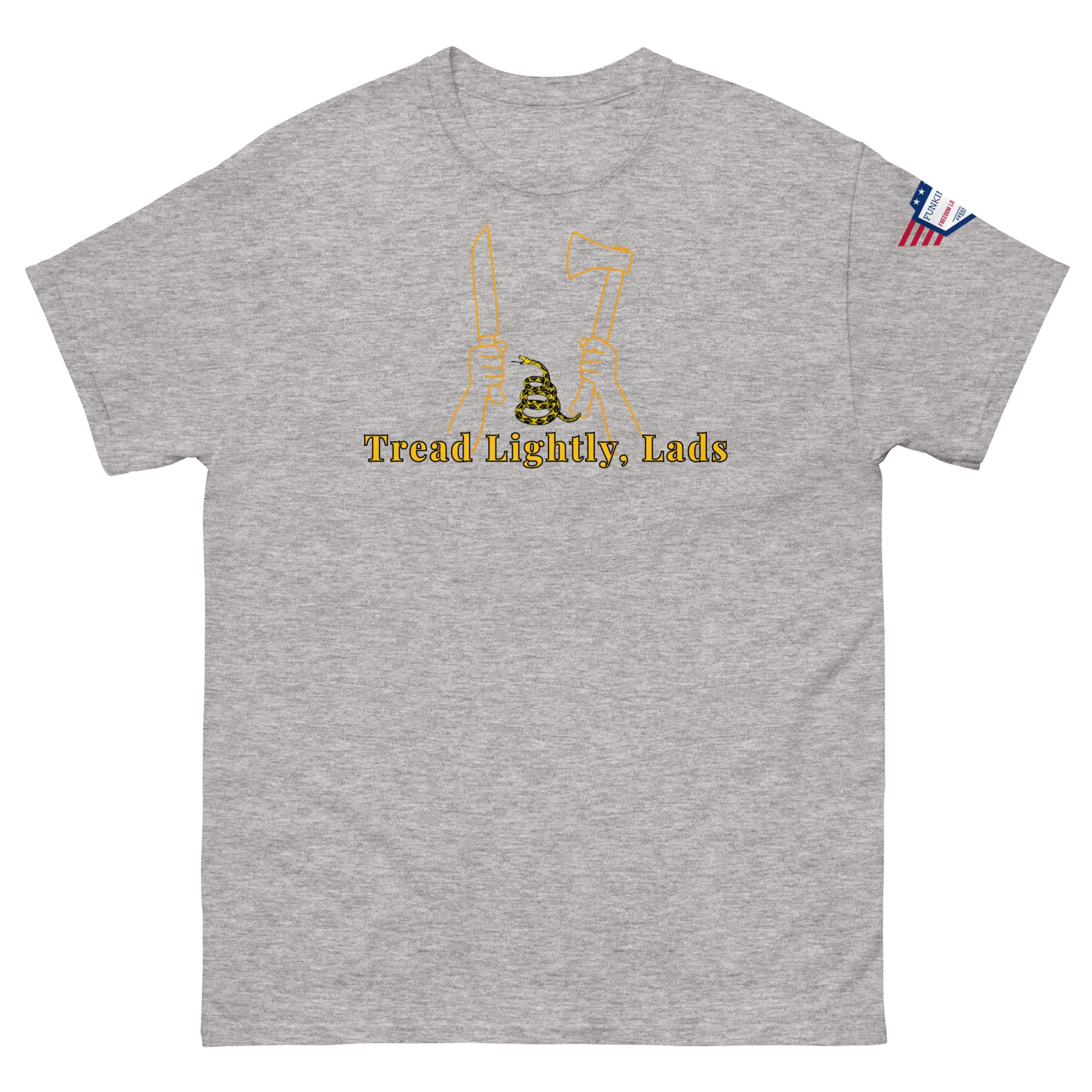 Front view heather gray unisex tee featuring yellow "Tread Lightly, Lads" graphic: hands with knife, axe, & Gadsden snake, flag on sleeve