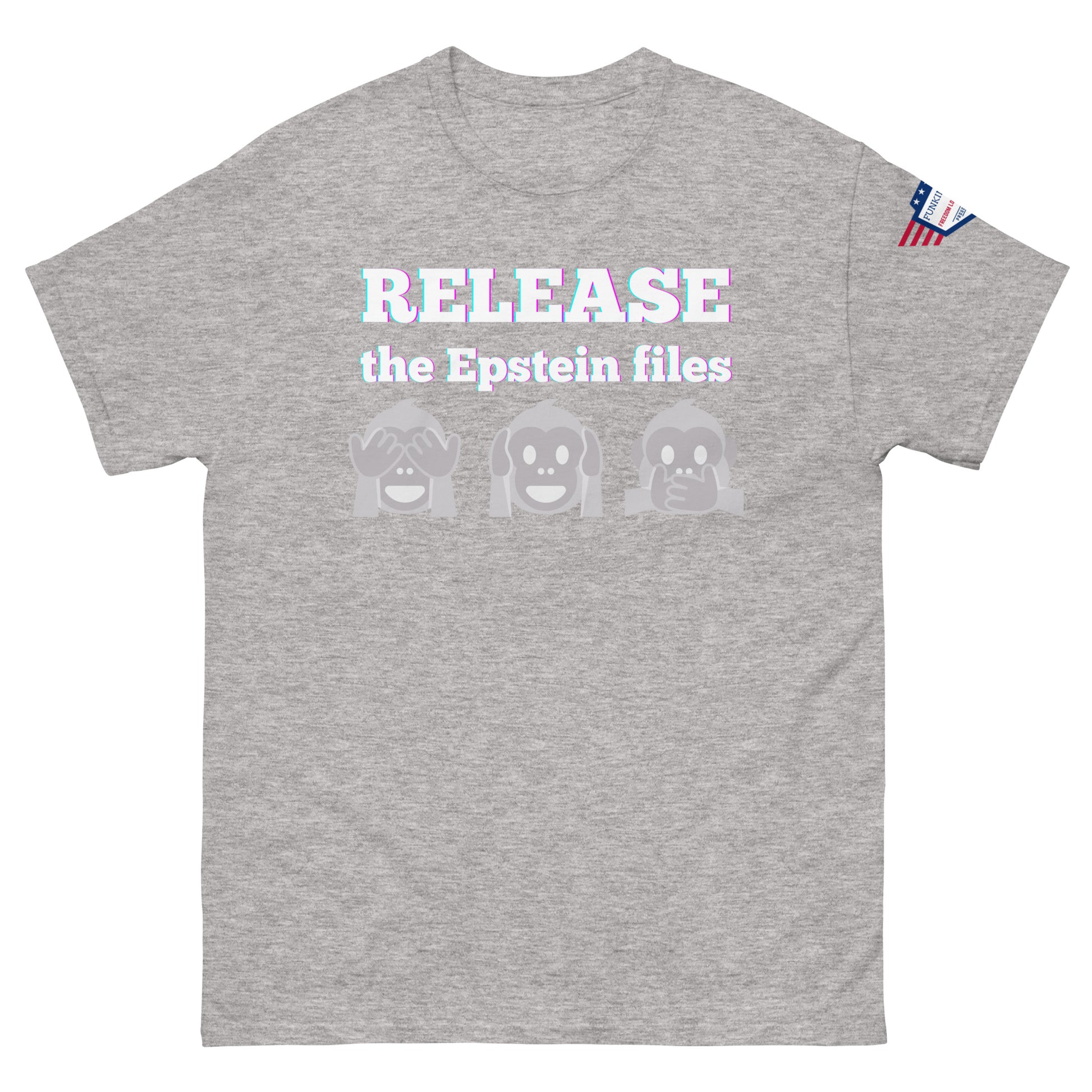 Front view of ash gray unisex tee with "RELEASEASE the Epstein files" print and three gray see-no-evil monkeys, USA flag shoulder patch