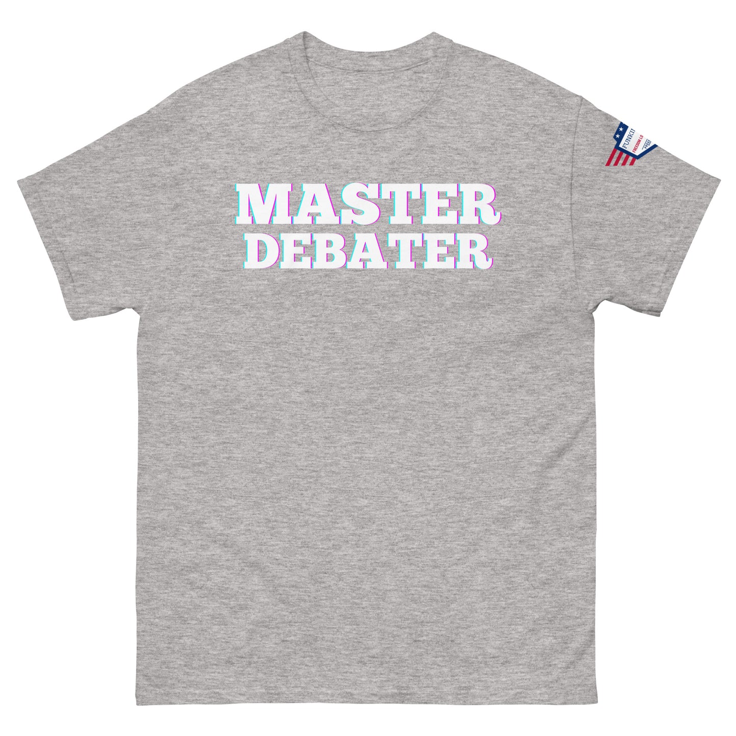 Front view of light gray unisex tee featuring "MASTER DEBATER" in white with subtle glow, US flag on sleeve
