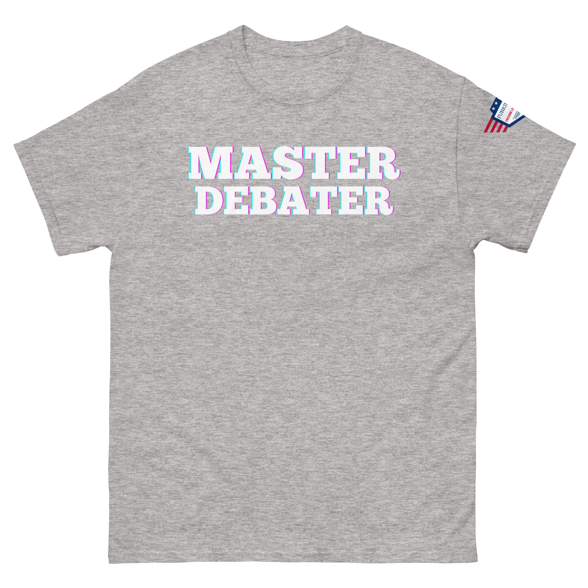 Front view of light gray unisex tee featuring "MASTER DEBATER" in white with subtle glow, US flag on sleeve