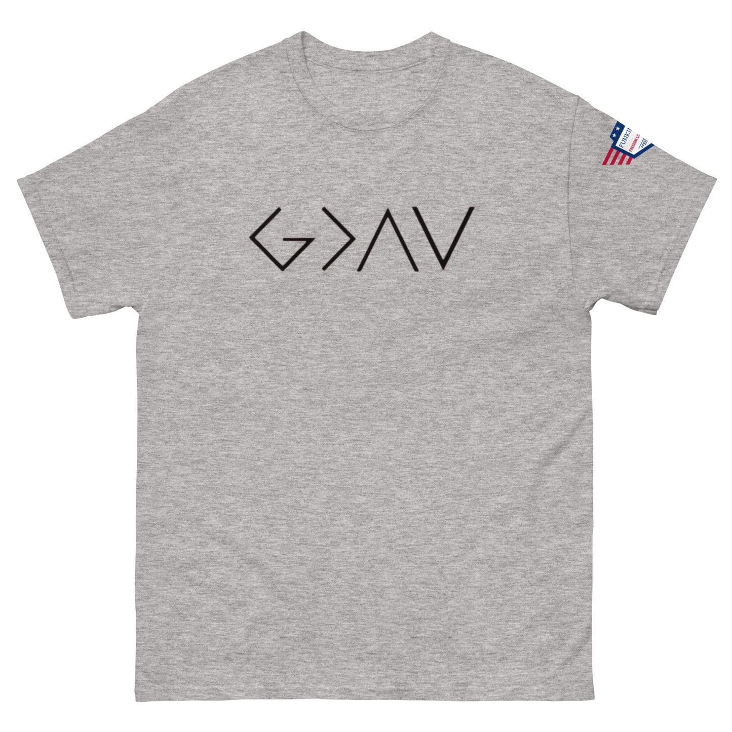 Front view of light gray unisex t-shirt with bold black "G > AV" chest print and US flag sleeve patch