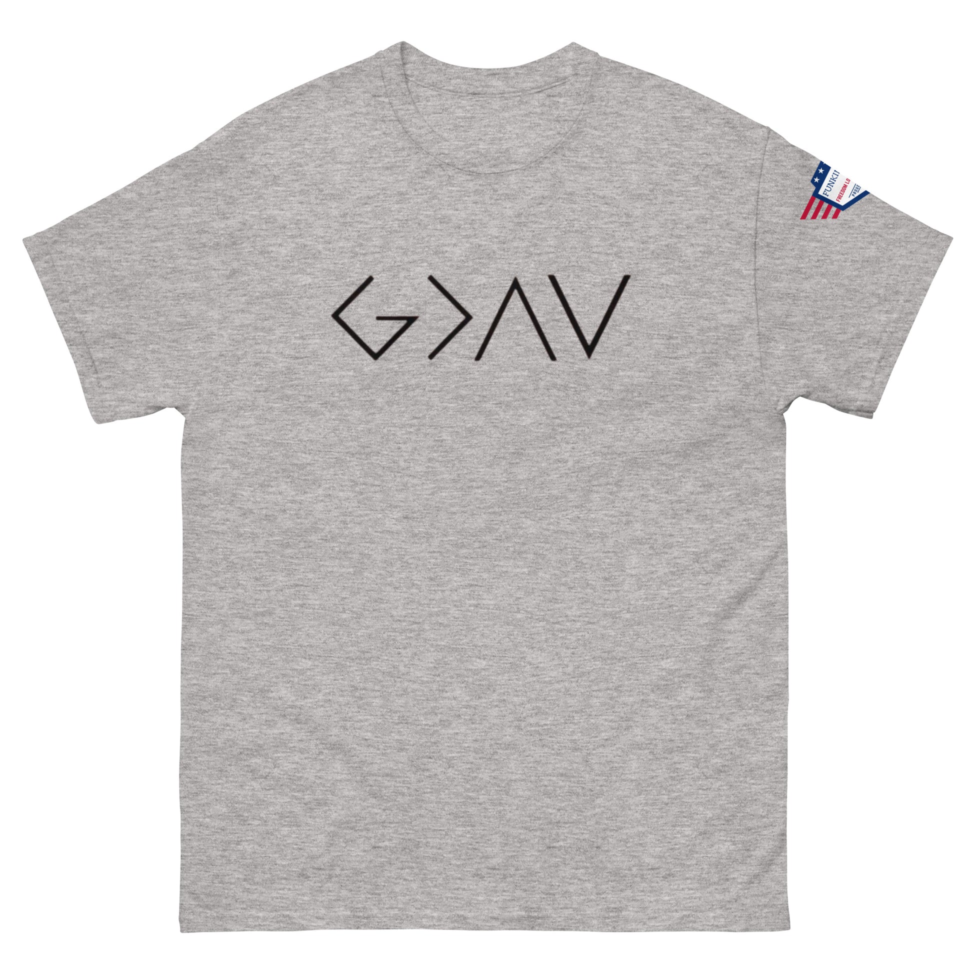 Front view of light gray unisex t-shirt with bold black "G > AV" chest print and US flag sleeve patch