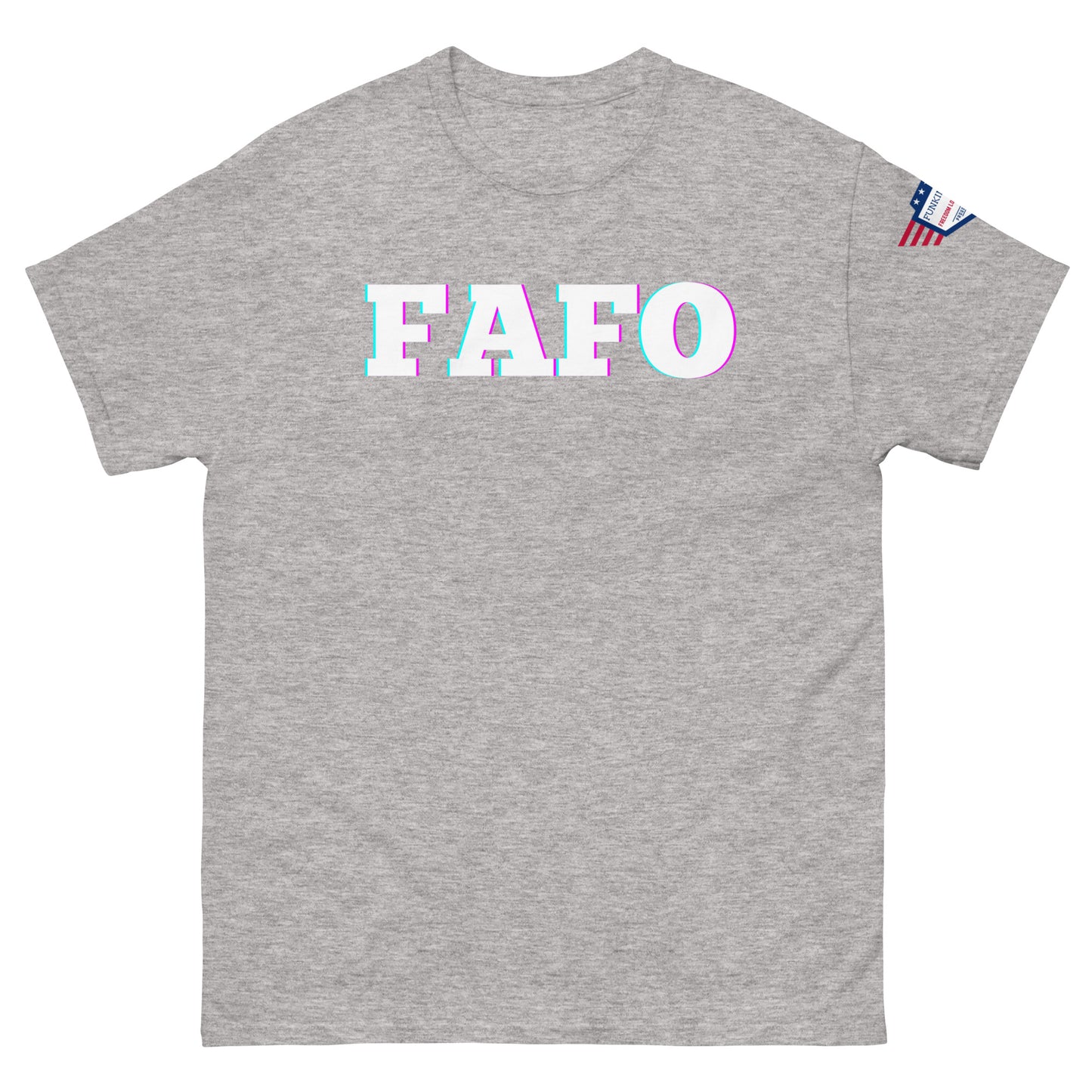 Front view of ash gray unisex t-shirt featuring "FAFO" in white with pink accents, American flag on sleeve