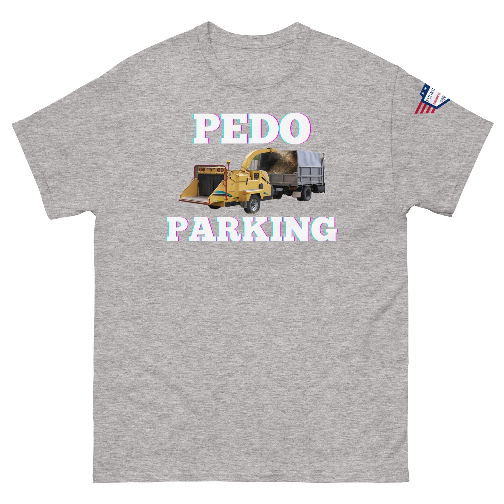 Front view of heather gray unisex tee with pink-glow "PLOWDO PARKING" print, yellow plow truck graphic, USA flag sleeve patch