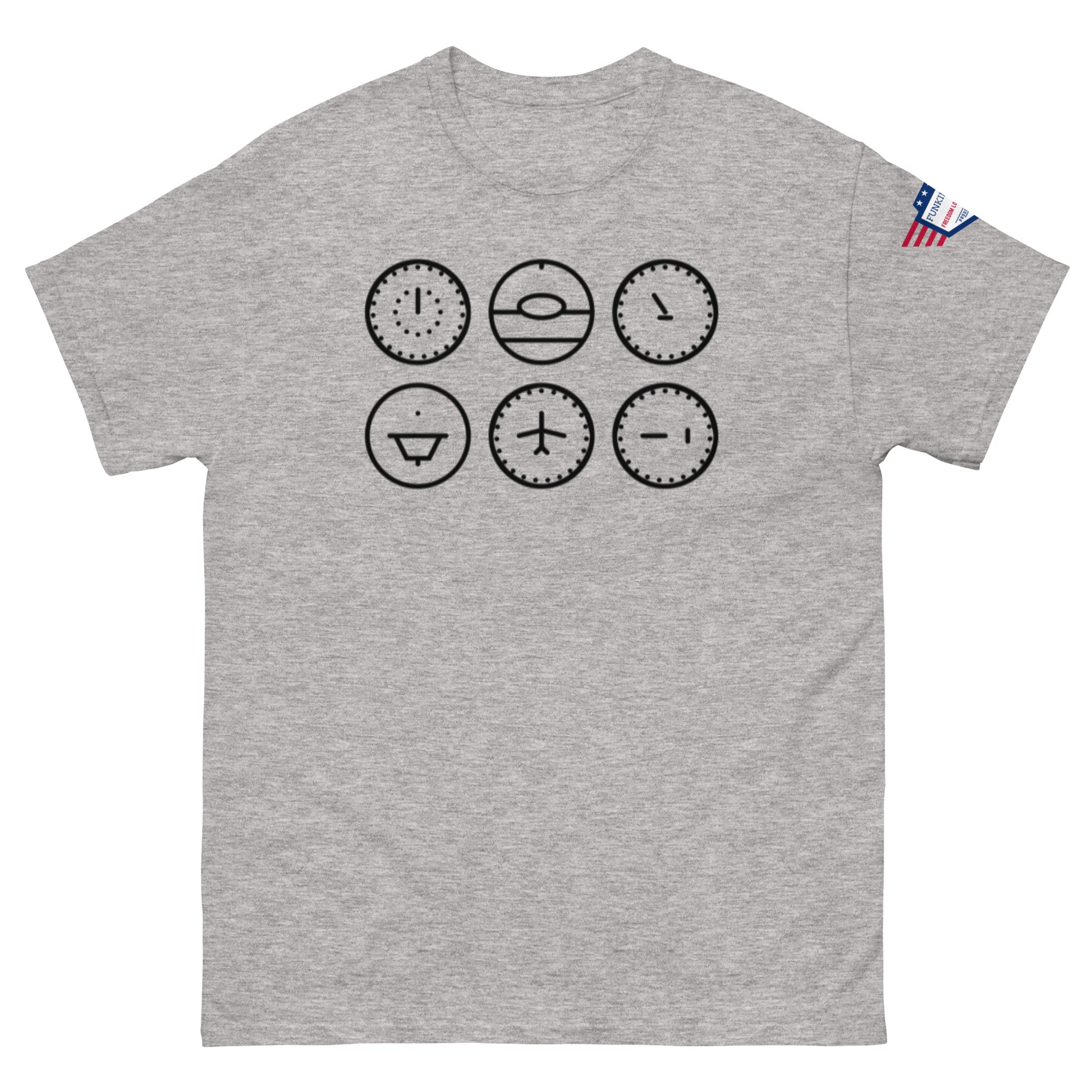 Ash gray classic tee front, six edgy black clocks owning the chest like pros