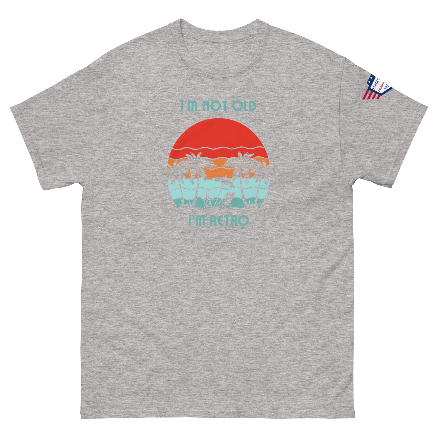 Front view of heather gray unisex t-shirt featuring "I'm not old I'm retro" sunset palm trees print