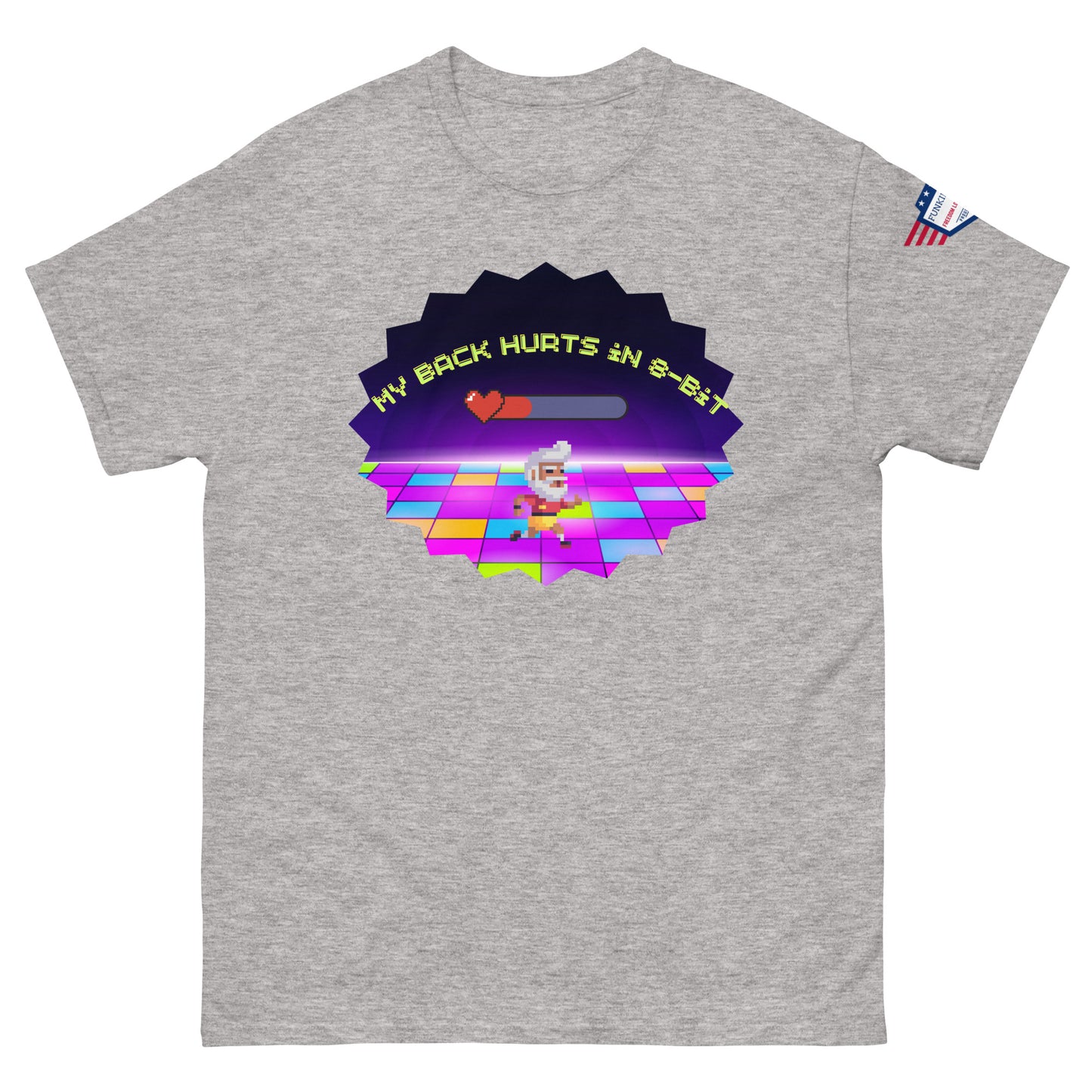 Ash gray unisex tee front, retro "My Back Hurts 98%" chef loading bar on pixel dance floor, flag on sleeve