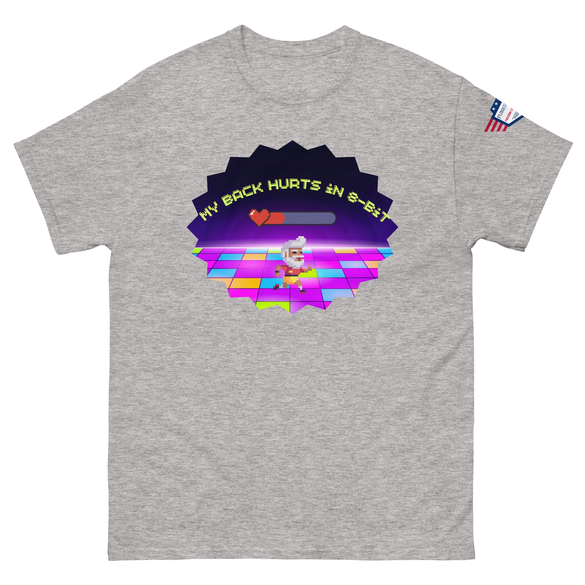 Ash gray unisex tee front, retro "My Back Hurts 98%" chef loading bar on pixel dance floor, flag on sleeve