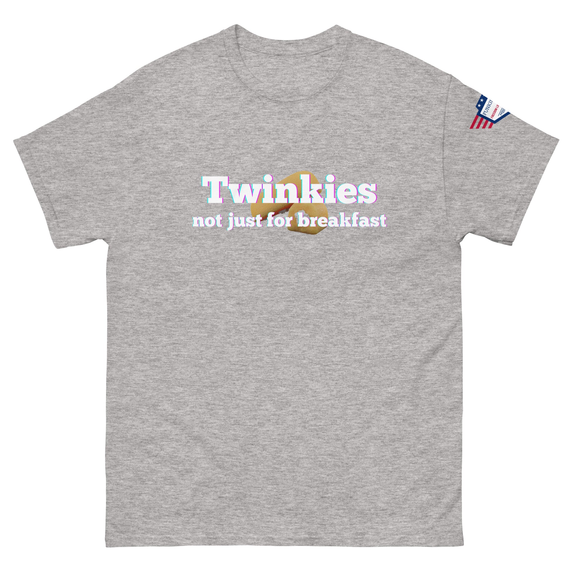 Front view of light grey unisex tee featuring "Twinkiesies not just for breakfast" graphic with Twinkie and US flag patch