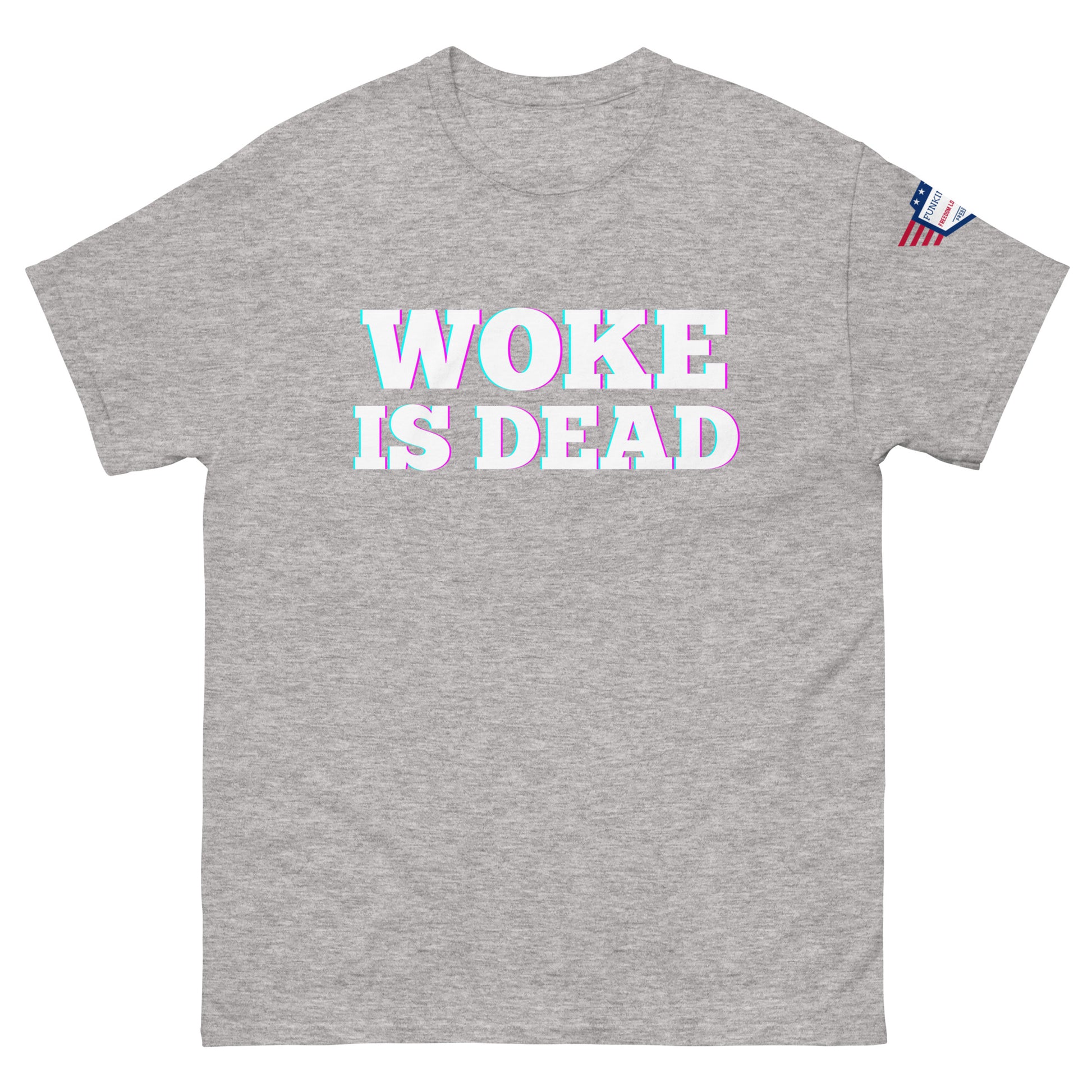 Front view of light gray "WOKE IS DEAD" unisex tee, white outlined text popping on heather fabric, flag sleeve patch