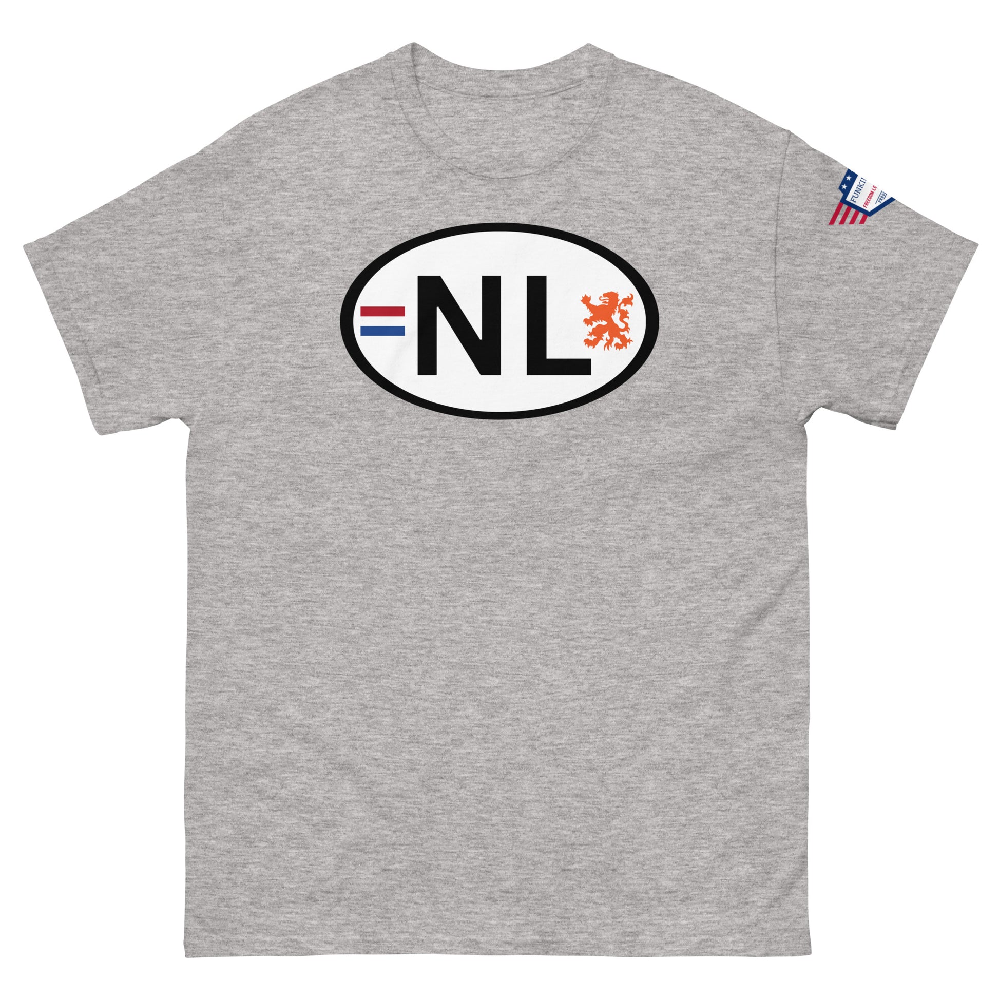 Front view of ash gray unisex classic tee featuring white oval "NL" license plate graphic, tricolor top NL, orange lion