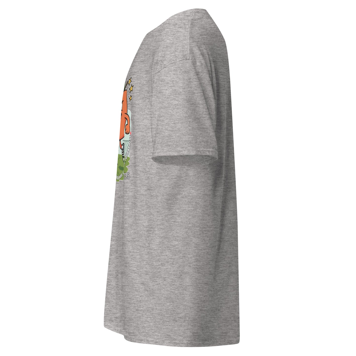 Right side view of heather grey classic tee showing kickball graphic edge