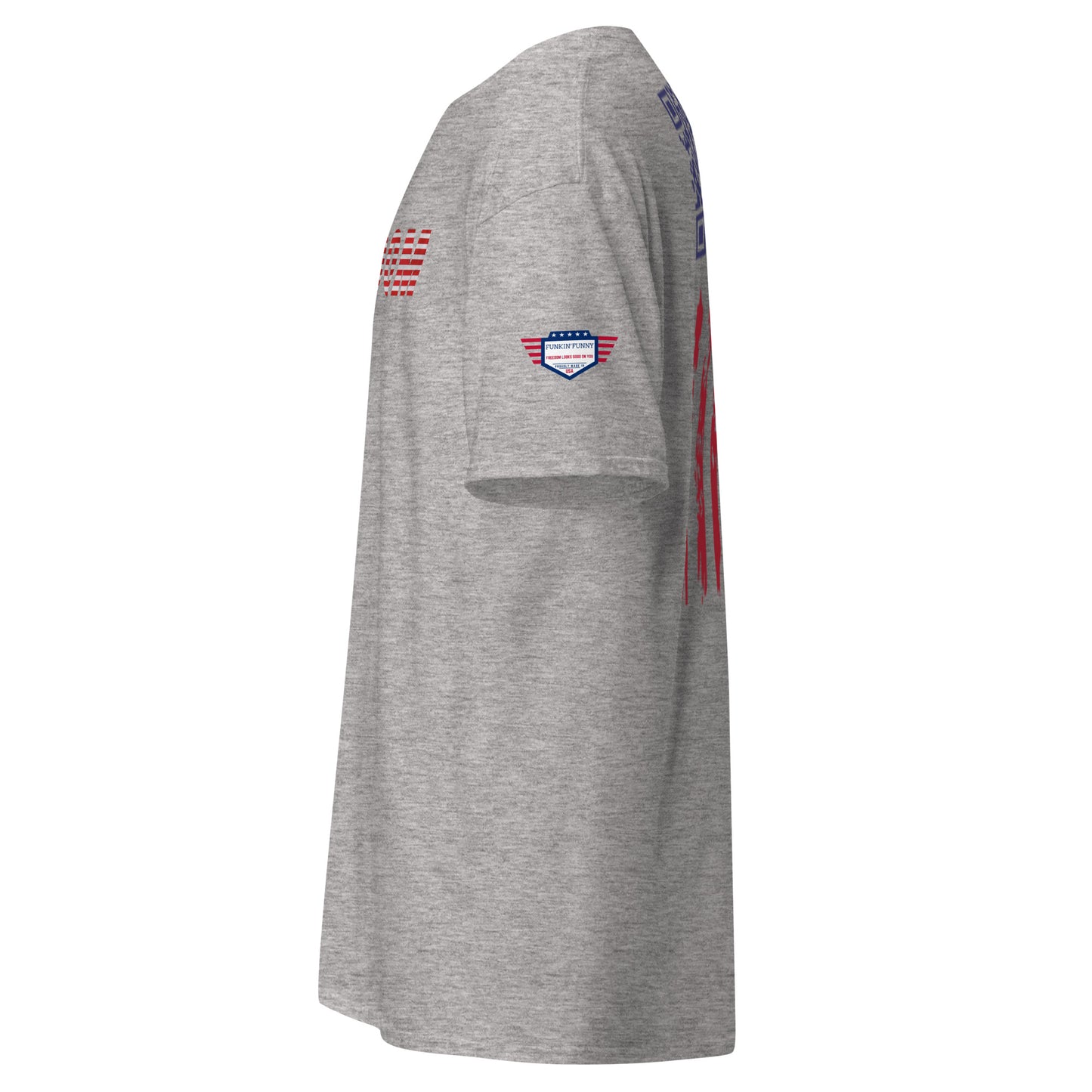 Front view of ash gray FREEDOM t-shirt with American flag-themed text and sleeve patch