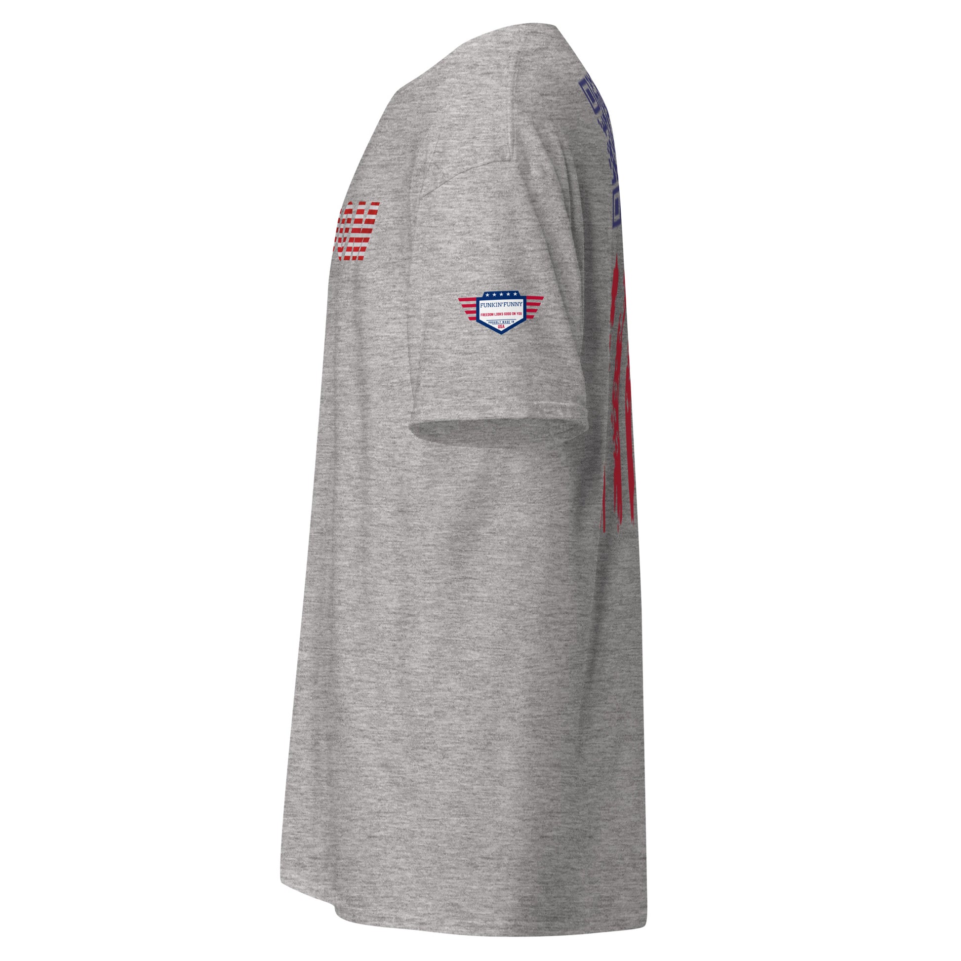 Front view of ash gray FREEDOM t-shirt with American flag-themed text and sleeve patch