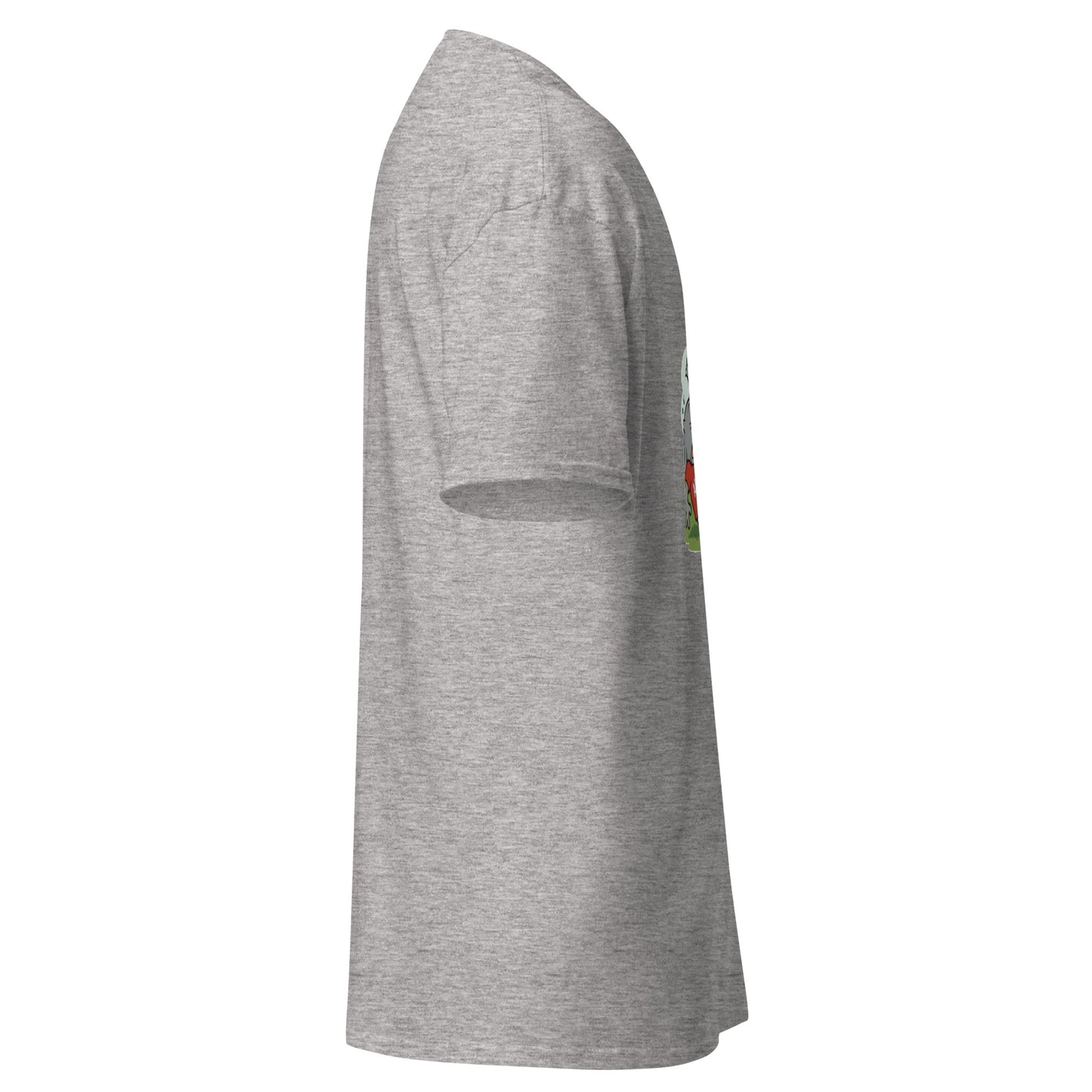 Left side view of heather grey classic tee teasing the front tournament print