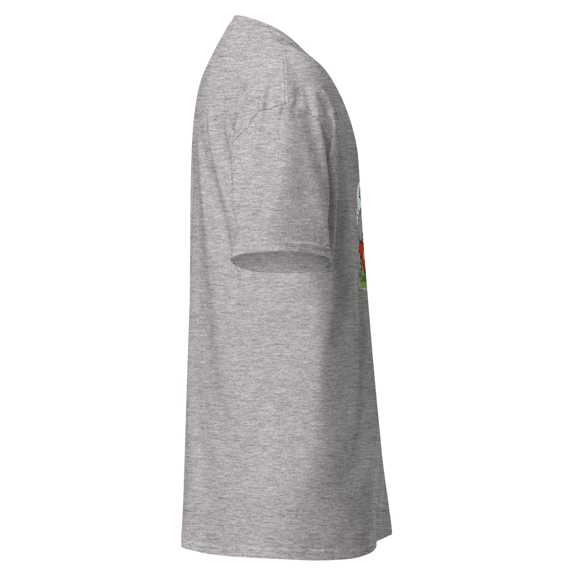 Left side view of heather grey classic tee teasing the front tournament print