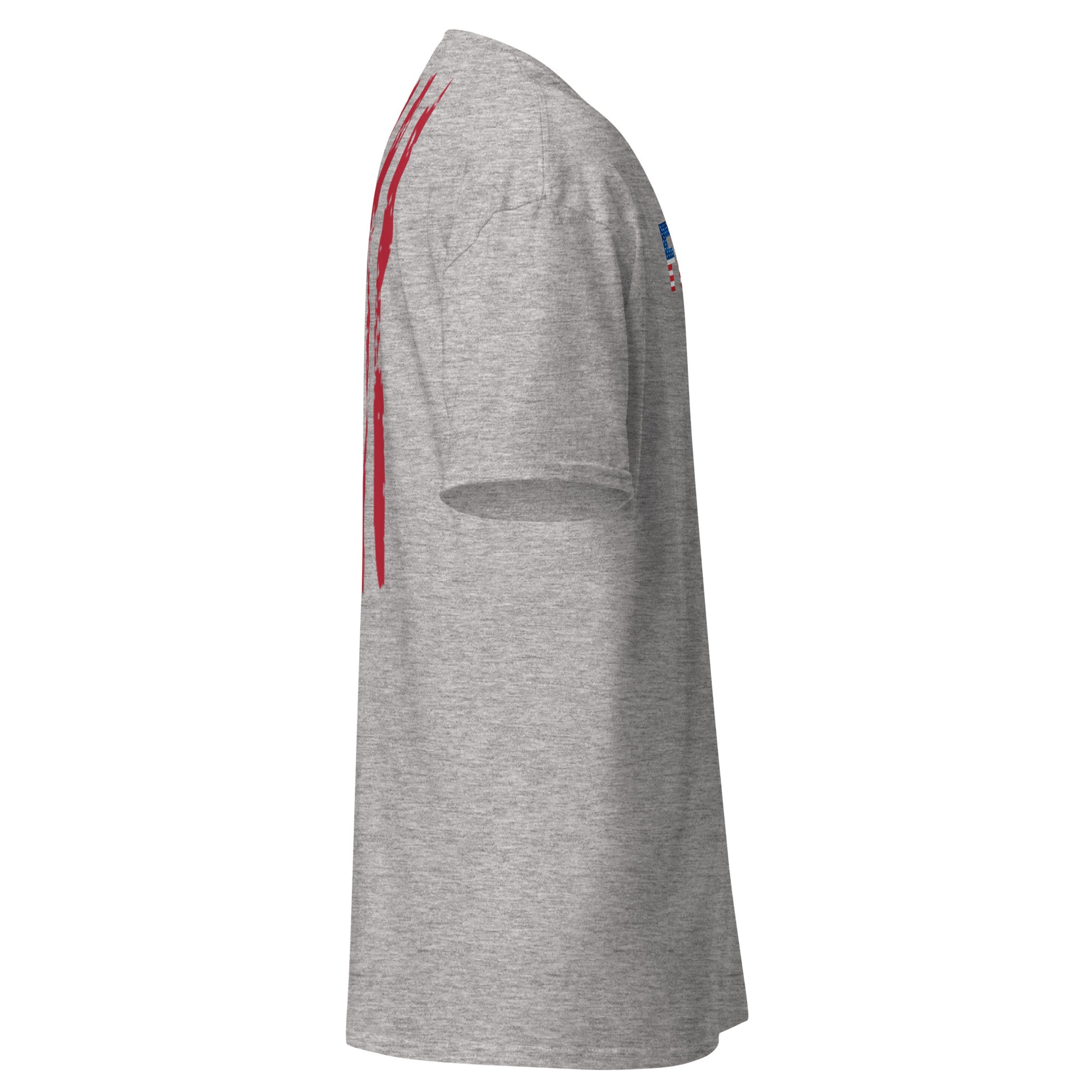 Back view of ash gray t-shirt with tattered flag print and embedded Trump dance QR code