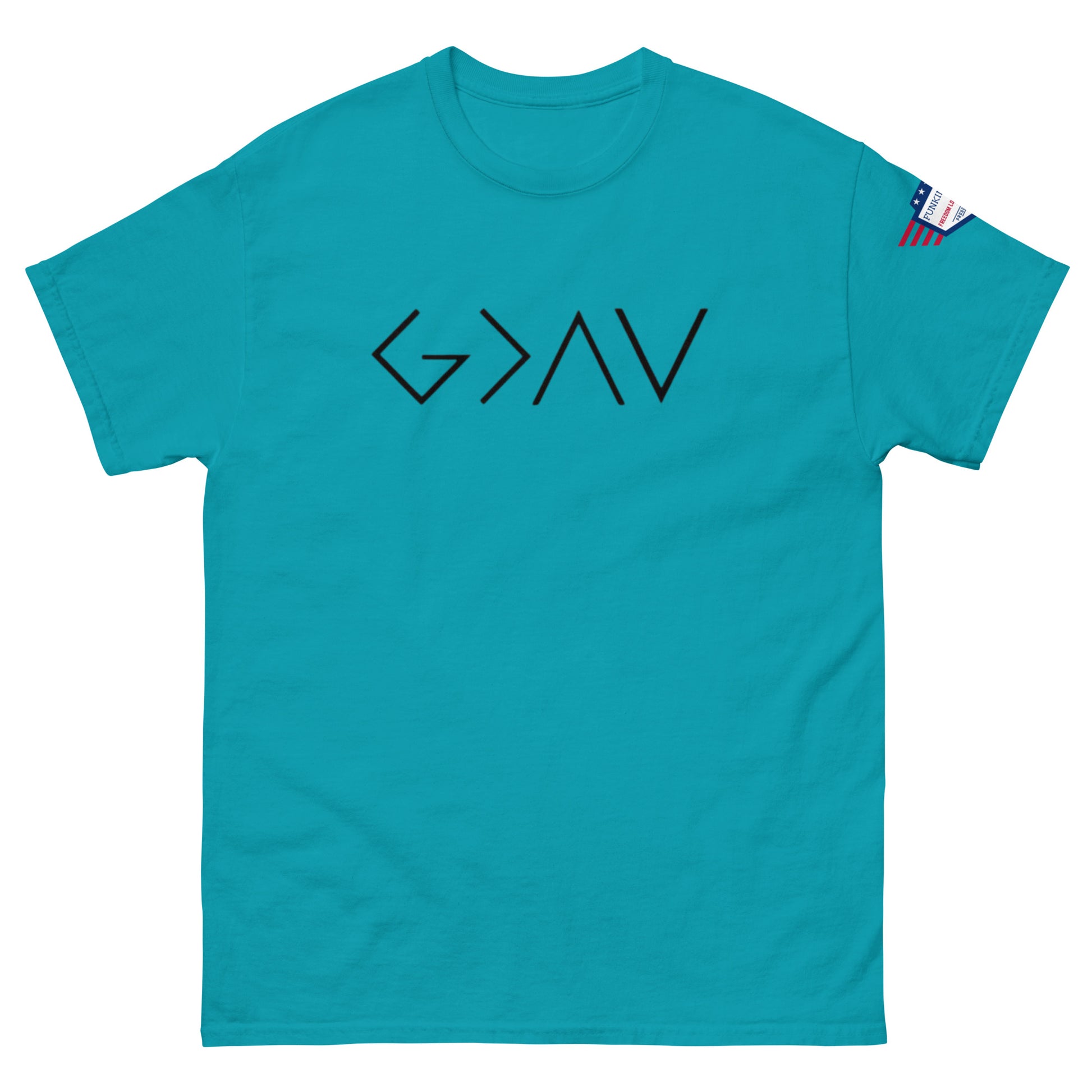 Front view of turquoise unisex t-shirt with bold black "G > AV" chest print and US flag sleeve patch
