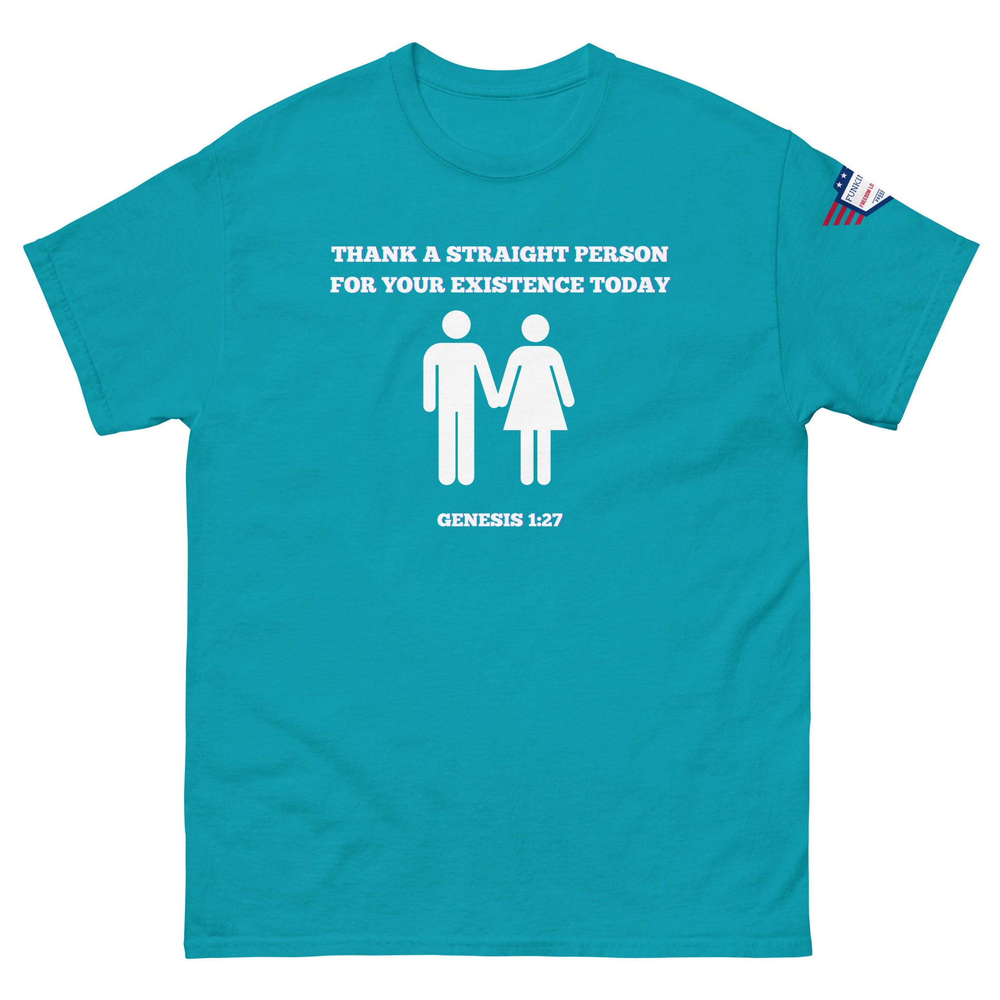 Front view of sky blue tee showing white "Thank a straight person for your existence today" print, figures, Genesis 1:27, USA patch