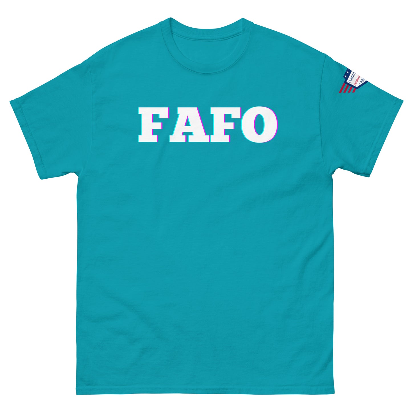 Front view of sky blue unisex T-shirt with bold white "FAFO" glitch graphic and US flag sleeve patch