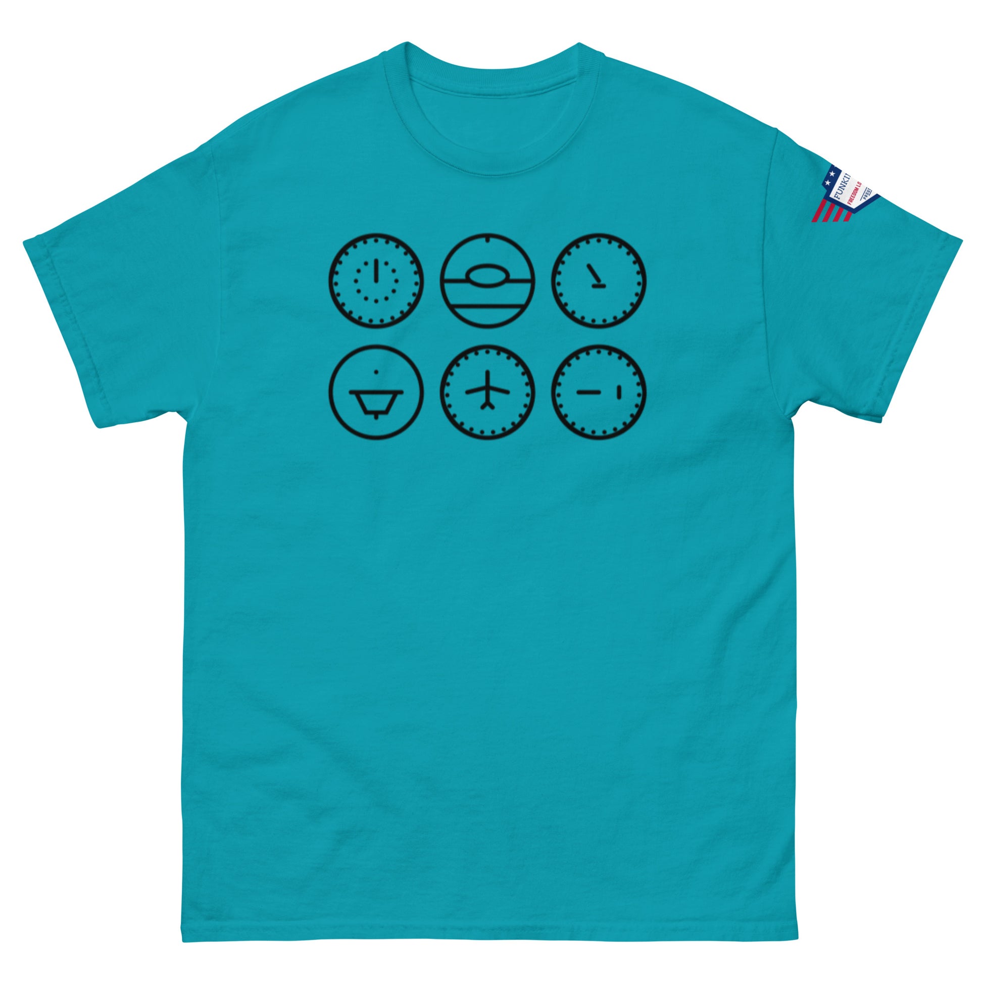 Cyan blue classic tee front featuring six expressive black clock designs