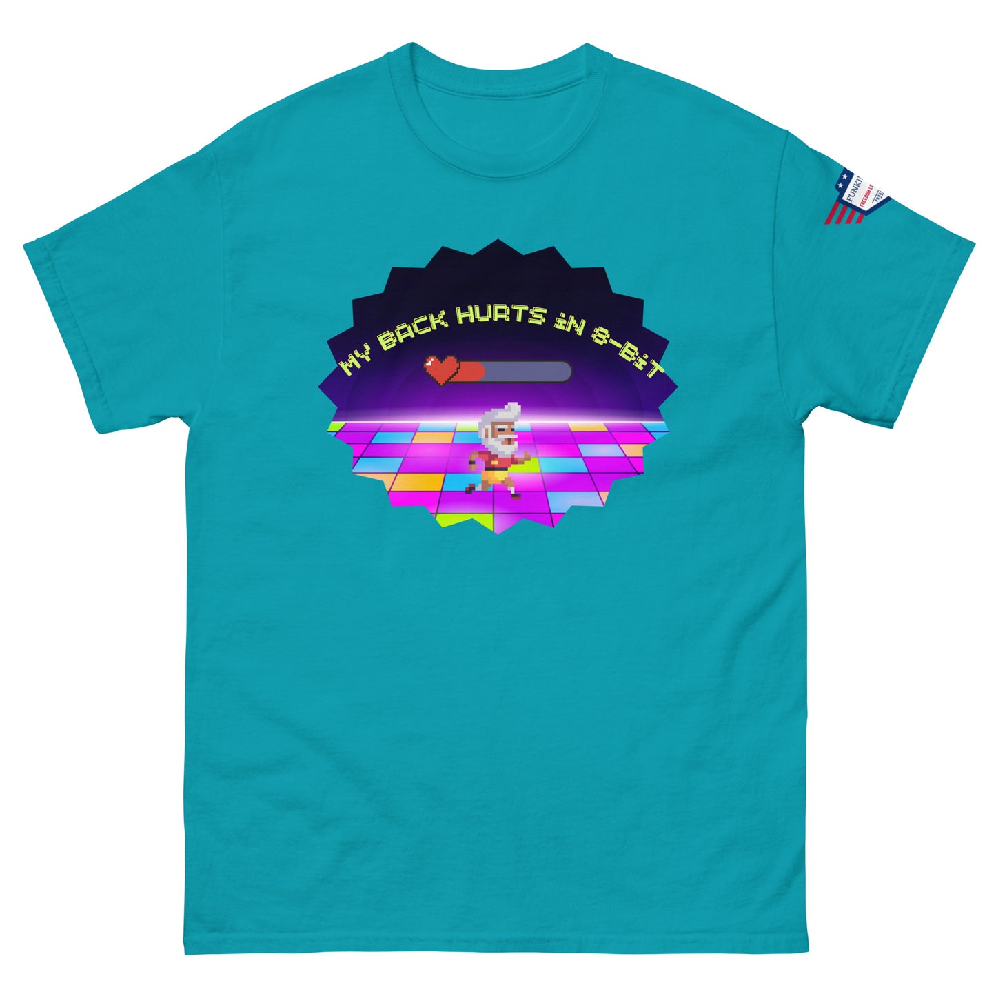 Teal blue unisex tee front, "My Back Hurts 98%" chef grooving on 80s disco graphic, flag patch
