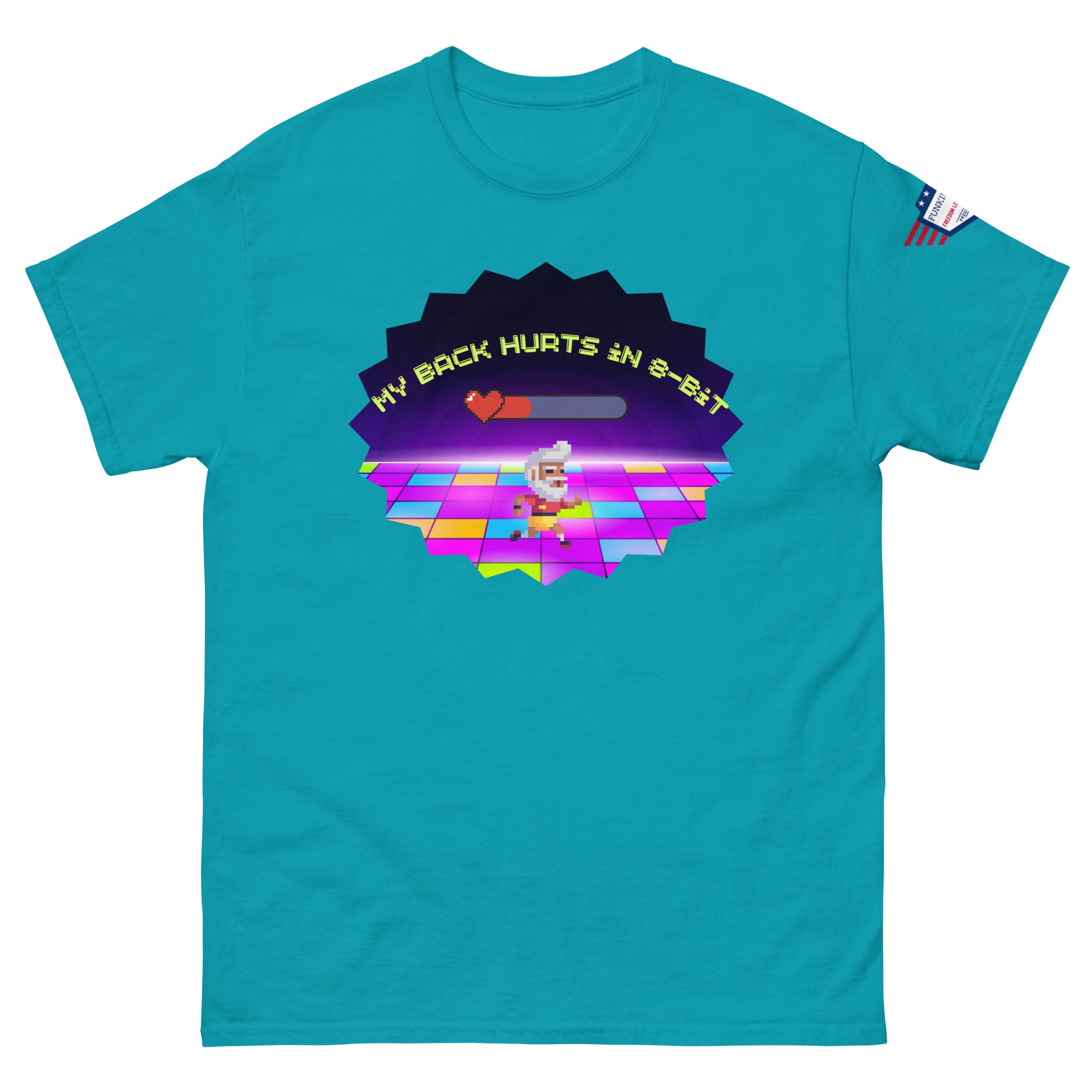 Teal blue unisex tee front, "My Back Hurts 98%" chef grooving on 80s disco graphic, flag patch