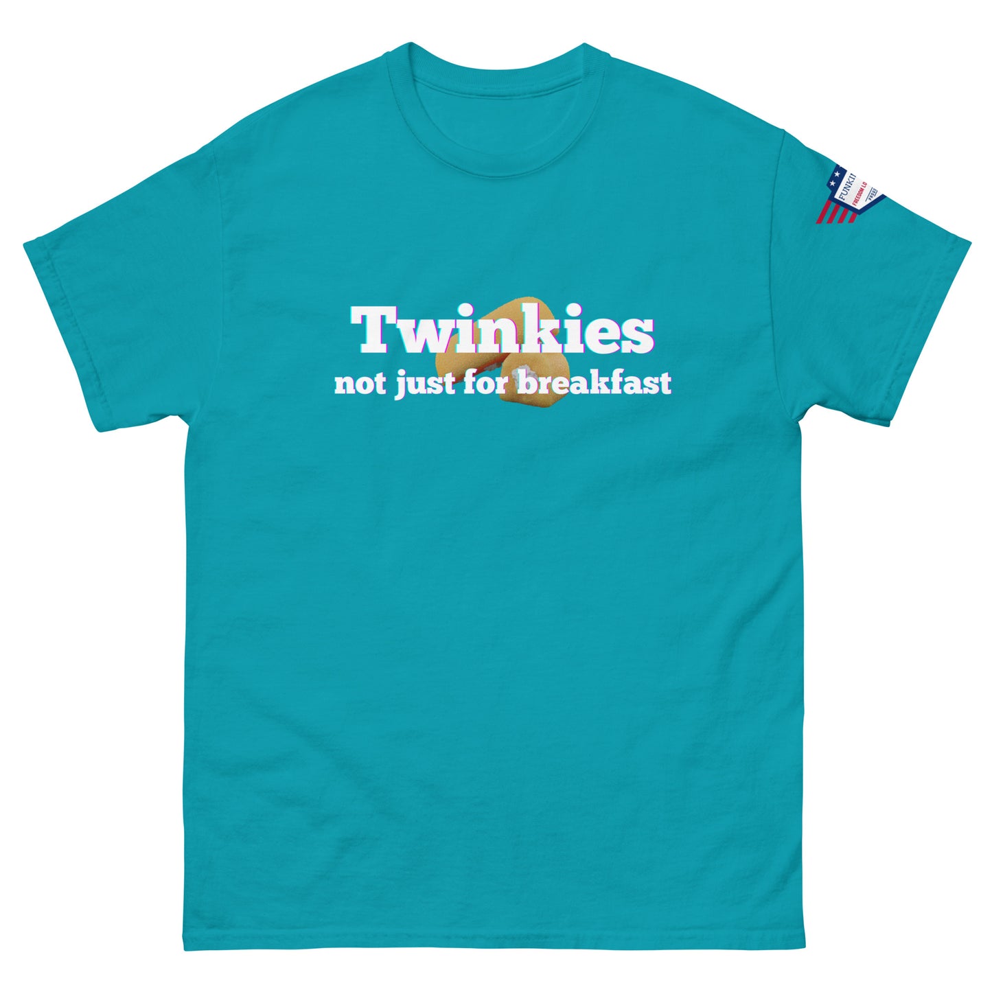 Front view of turquoise unisex tee featuring "Twinkiesies not just for breakfast" funny graphic and small US flag label