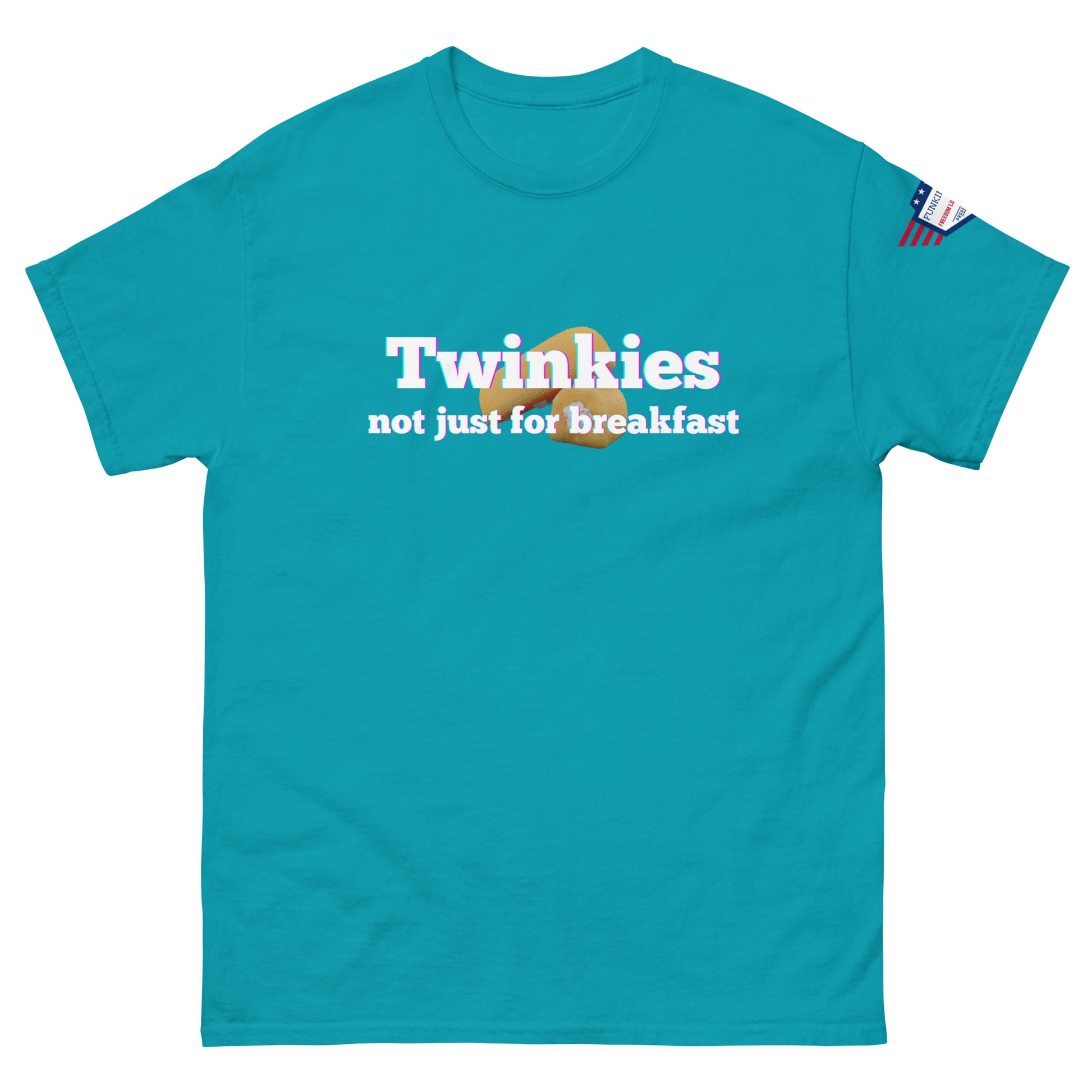 Front view of turquoise unisex tee featuring "Twinkiesies not just for breakfast" funny graphic and small US flag label