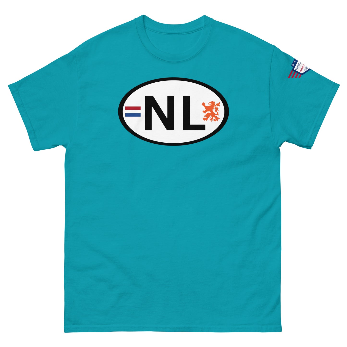 Front view of teal classic tee with white "NL" oval Dutch plate parody, orange lion, subtle sleeve flag patch