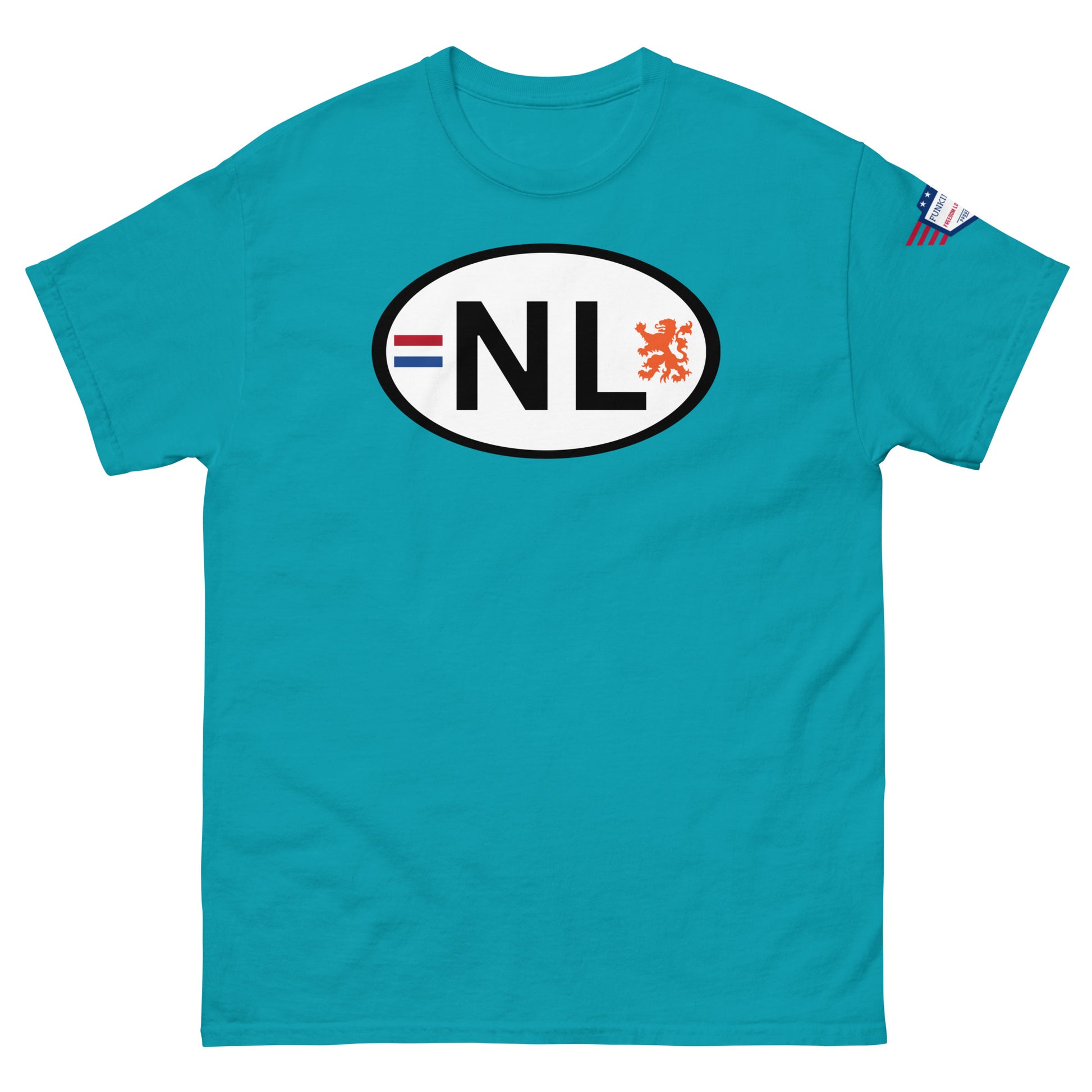 Front view of teal classic tee with white "NL" oval Dutch plate parody, orange lion, subtle sleeve flag patch