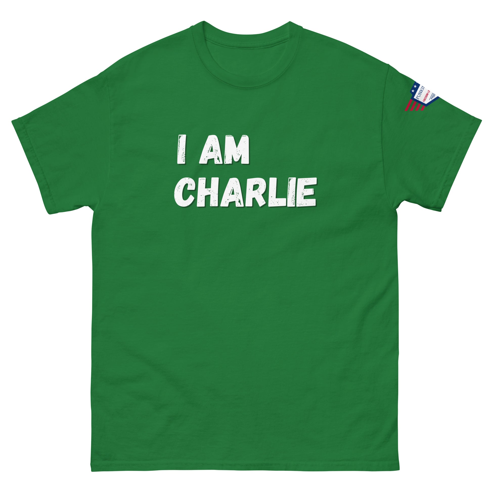 Front view of kelly green unisex tee with bold white "I AM CHARLIE" graphic and USA flag sleeve patch