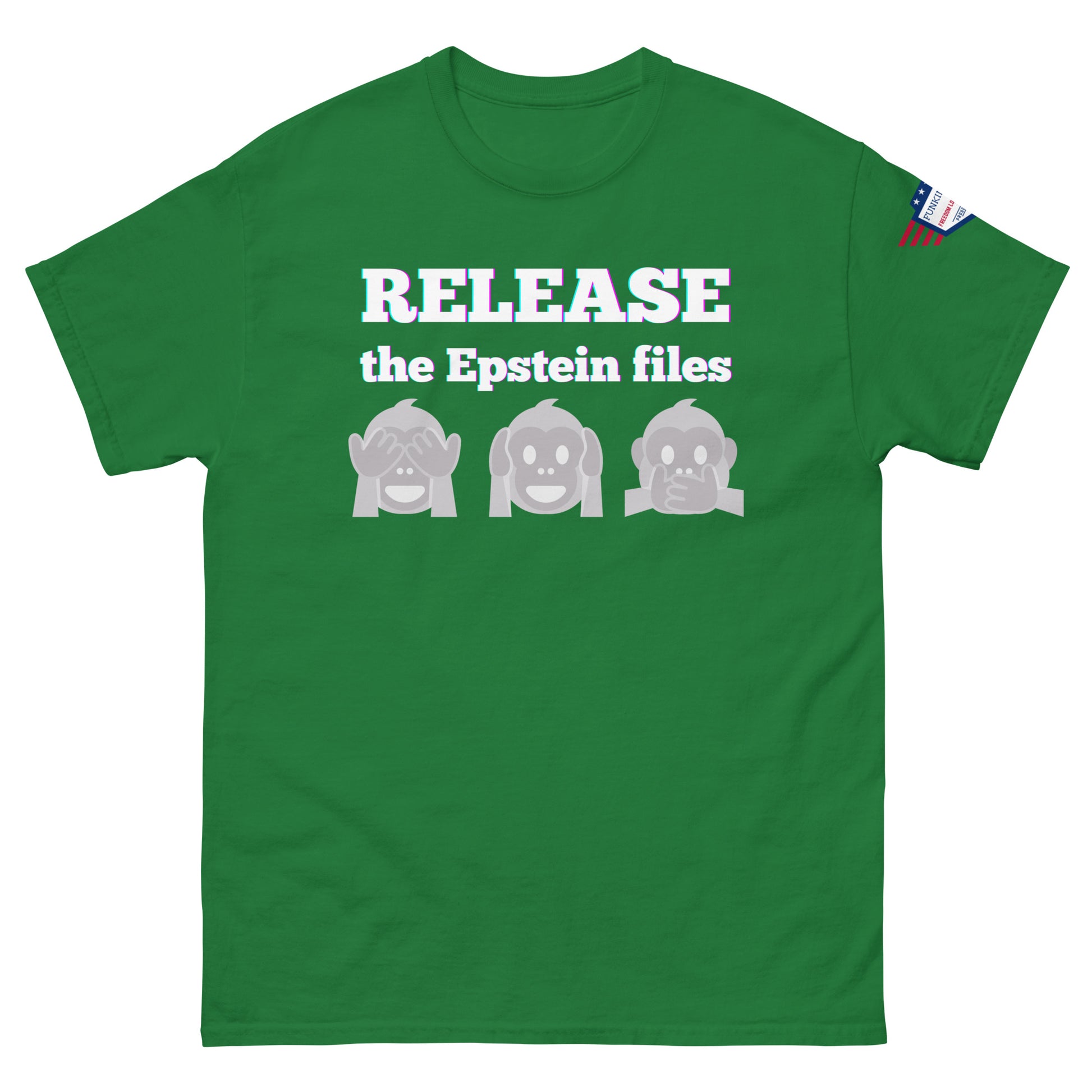 Front view of lime green unisex tee with "RELEASEASE the Epstein files" print and three gray see-no-evil monkeys, USA flag shoulder patch