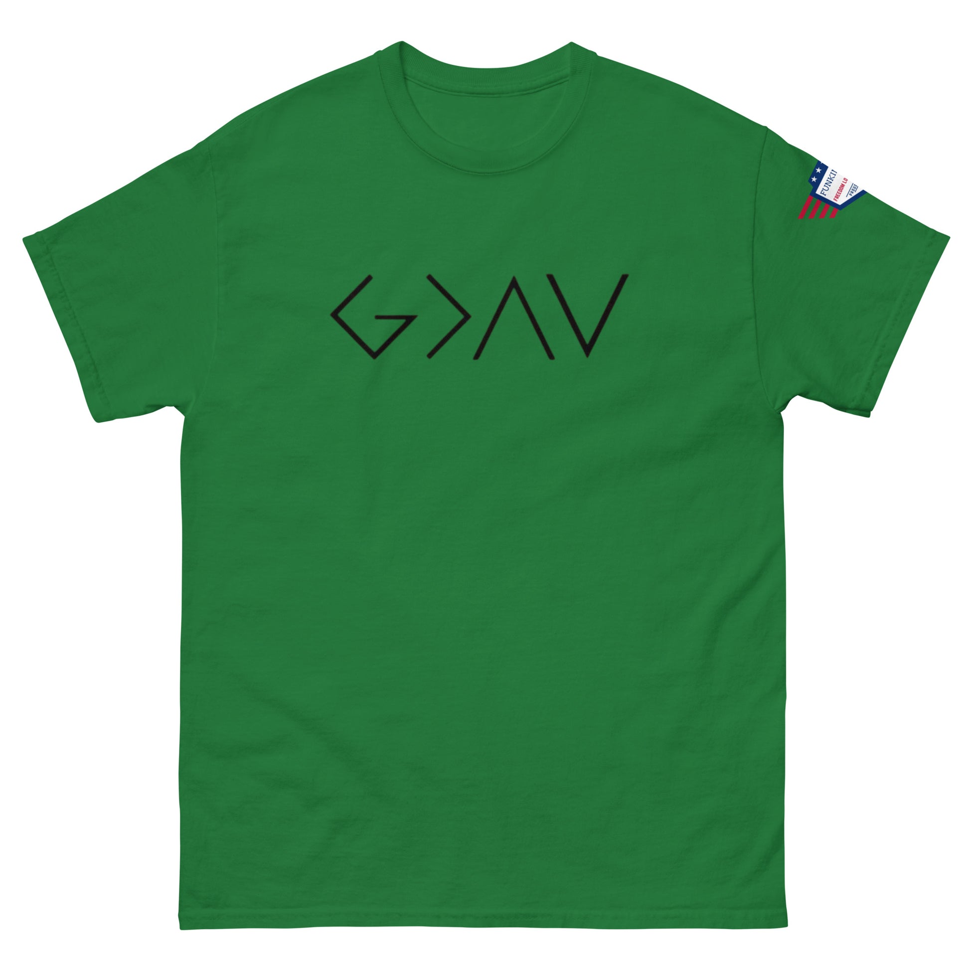 Front view of lime green unisex t-shirt with bold black "G > AV" chest print and US flag sleeve patch